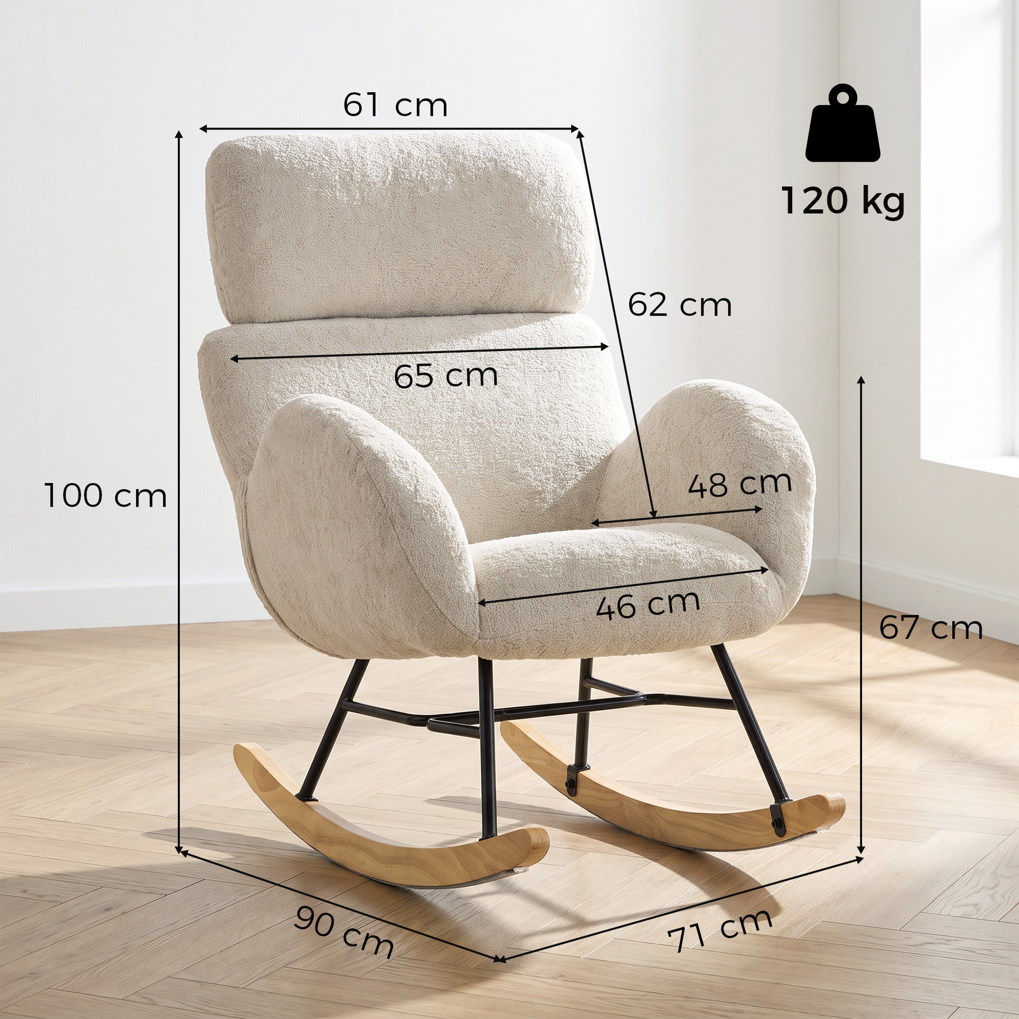 Šūpuļkrēsls ar regulējamu galvas balstu un samta apšuvumu, krēmīgi baltā un valrieksta krāsā, 71 x 90 x 100 cm 2