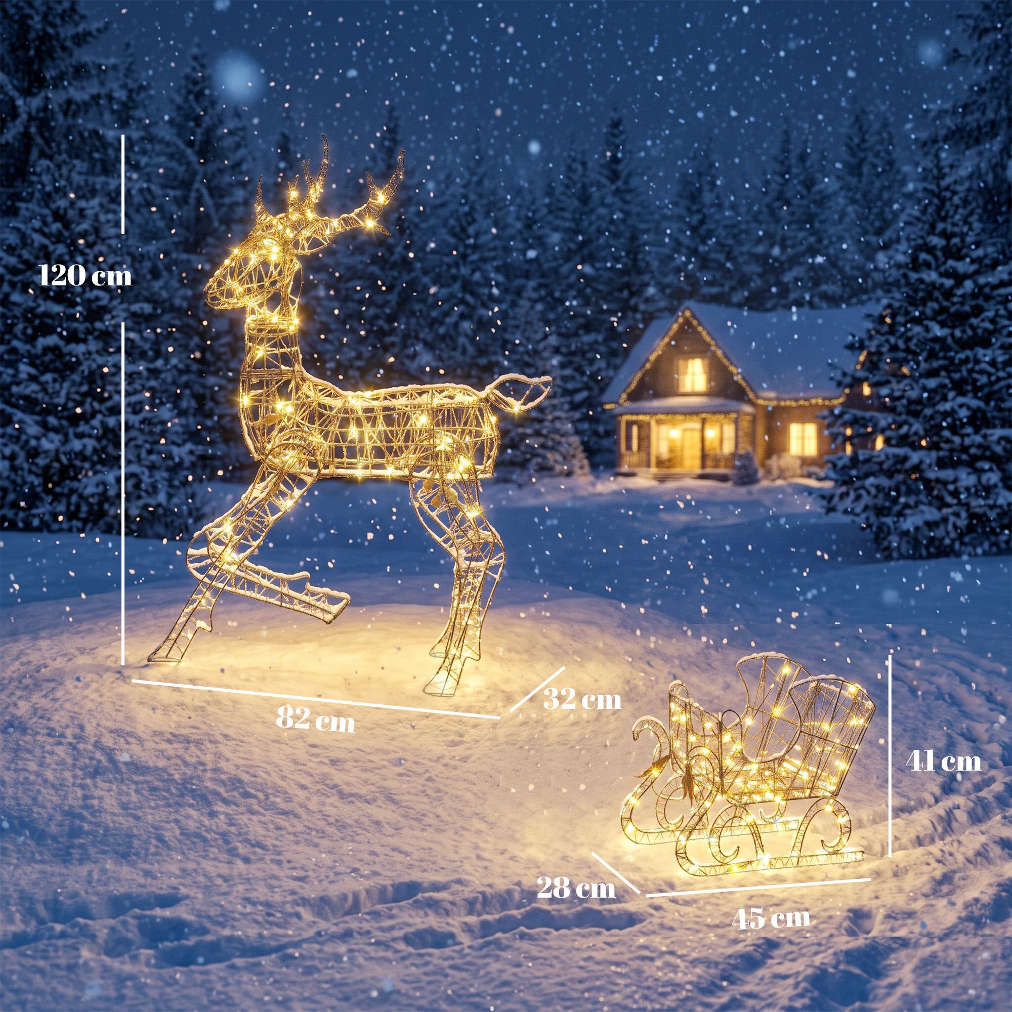 Šviečiantis elnio ir rogių rinkinys, 175 LED, 8 apšvietimo režimai, rudas, 82 × 32 × 120 cm ir 45 × 28 × 41 cm, 2 dalių 2
