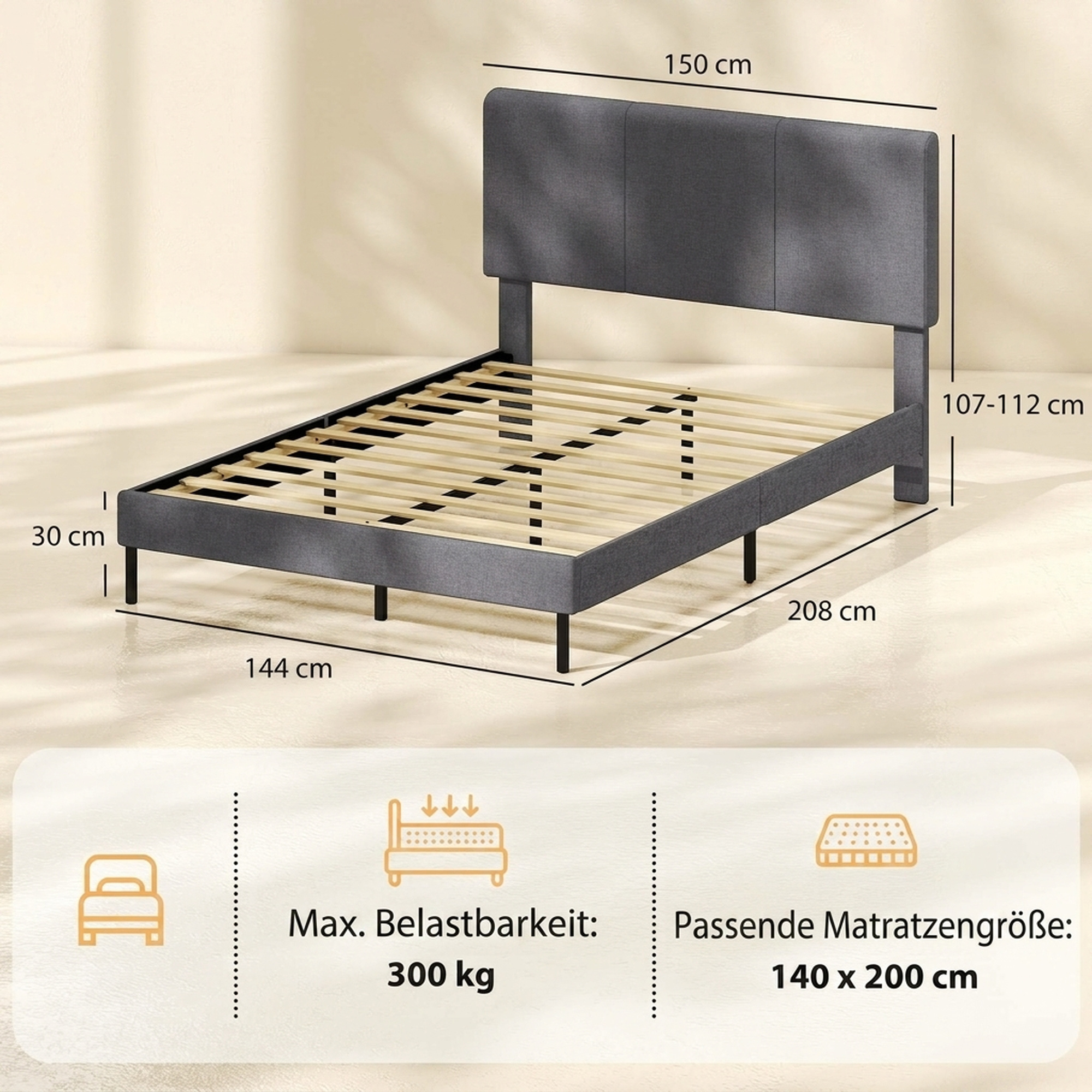 Gultas rāmis ar regulējamu galvgali un 12 finiera latām, tumši pelēks, 150 × 208 × 107–112 cm 2