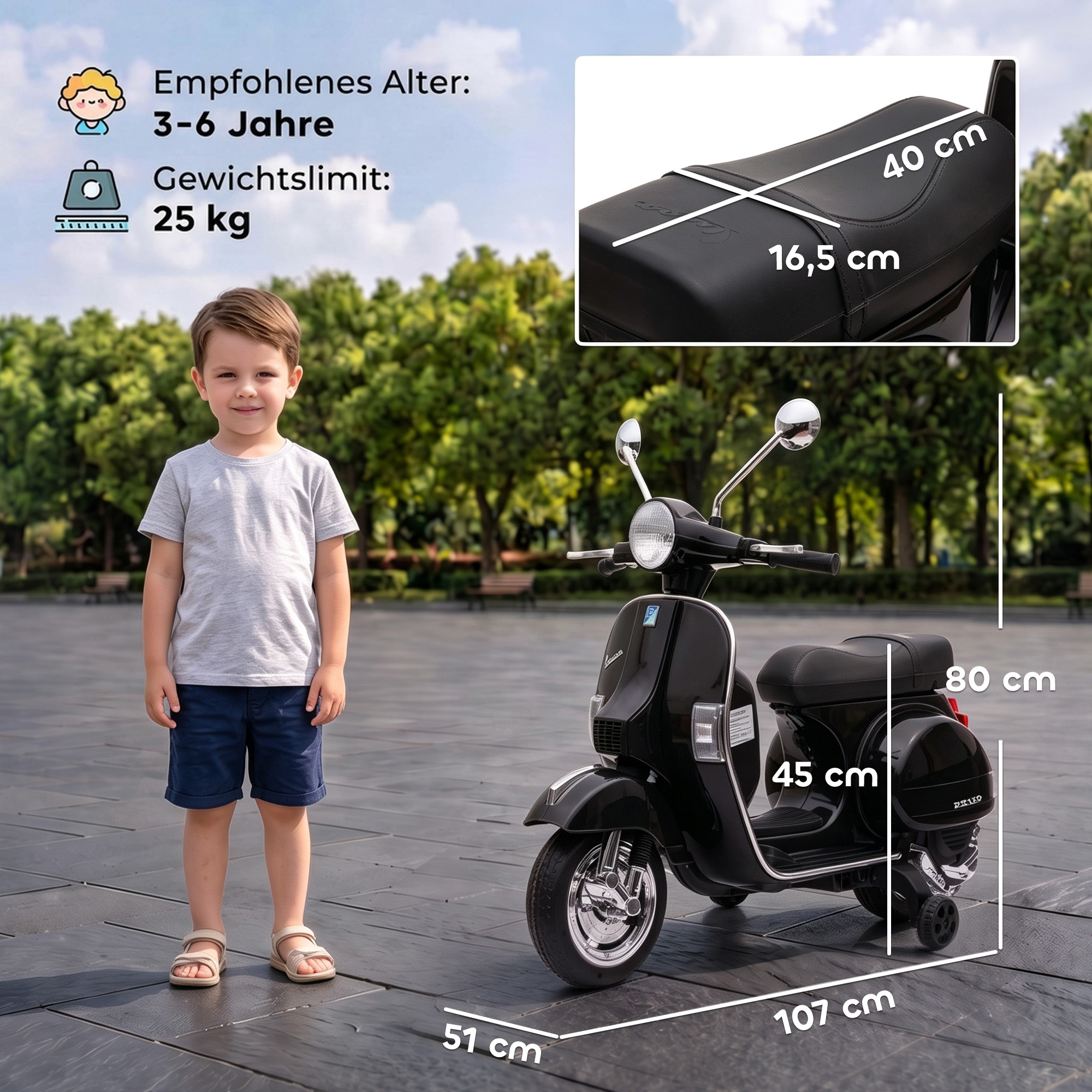 Vaikiškas elektrinis motociklas Vespa PX150 su ličio akumuliatoriumi, juodas, 107 × 51 × 80 cm 2