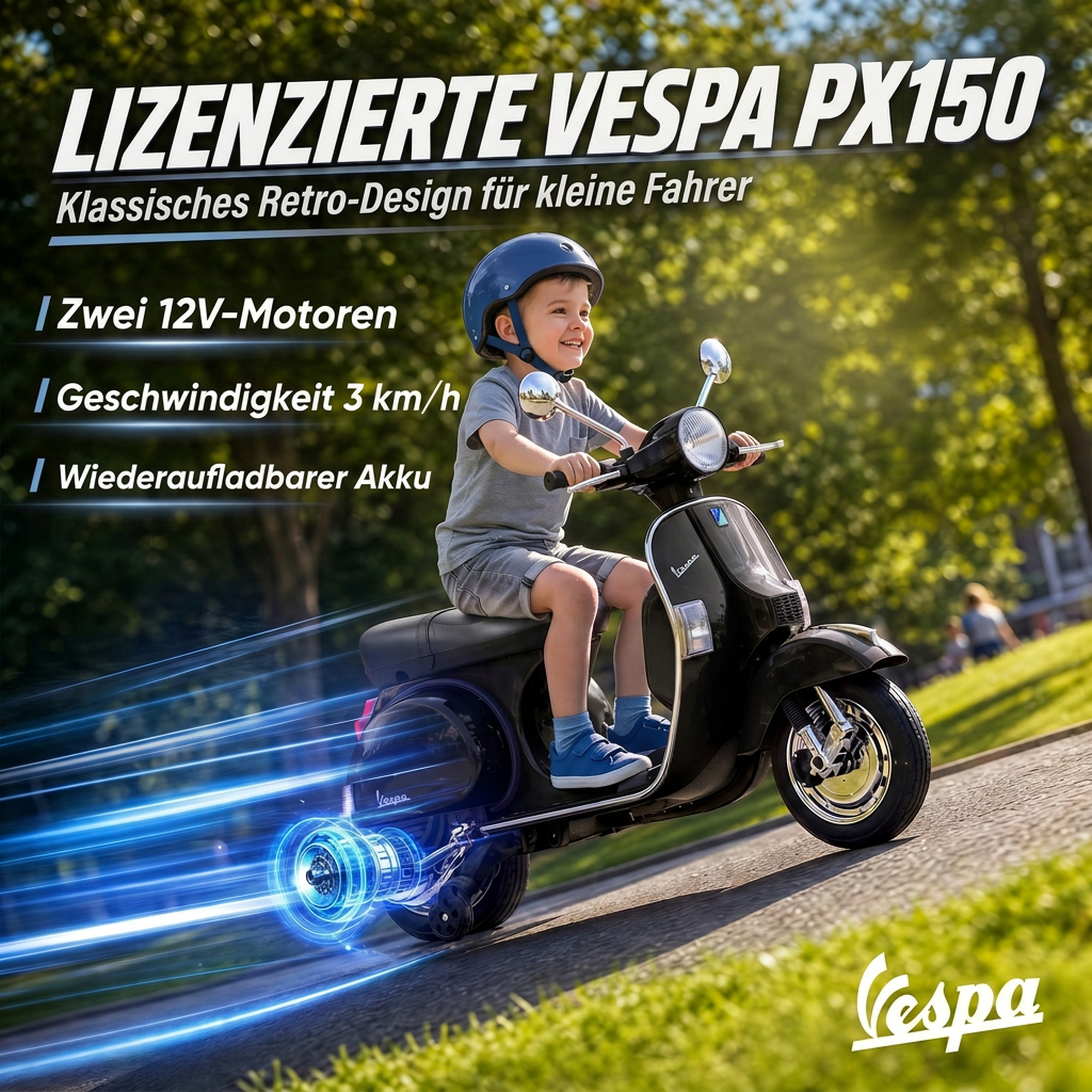Vaikiškas elektrinis motociklas Vespa PX150 su ličio akumuliatoriumi, juodas, 107 × 51 × 80 cm 3