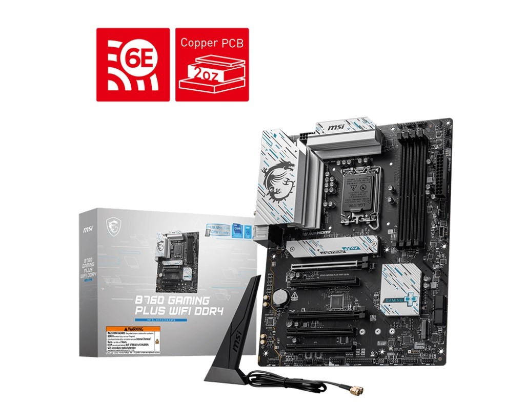 Msi b760 gaming plus wifi ddr4 pagrindinė plokštė intel b760 lga 1700 atx su wi-fi ir 7.1 audio sistemomis