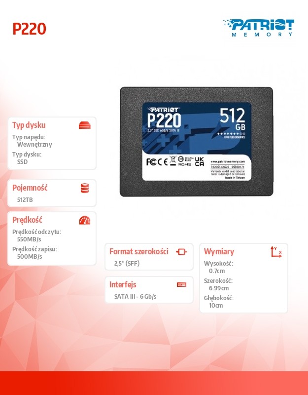 Ssd vidinis kietasis diskas patriot p220, 512gb (p220s512g25)