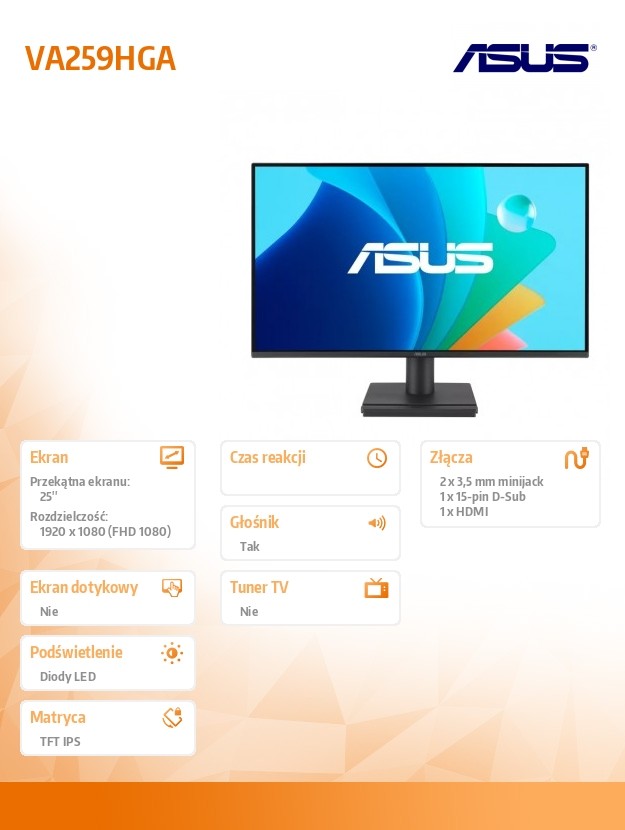 Monitorius led monitor - asus - va259hga - 25 colių - atsako laikas 1 ms - vga ir hdmi sąsajos