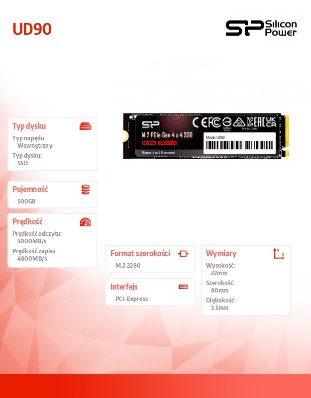 Ssd vidinis kietasis diskas silicon power ud90, 500gb m.2 pcie nvme gen4x4 nvme 1.4 4800/3700 mb/s