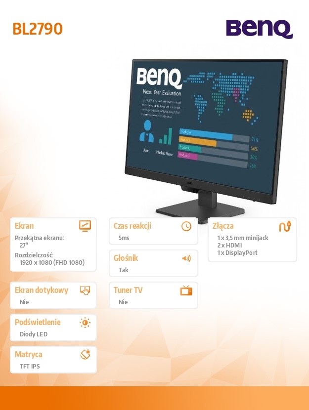 Monitorius 27 colių full hd 1080p led ekranas, ips, 100 hz, 5 ms, 2xhdmi, displayport, garsiakalbiai., 27