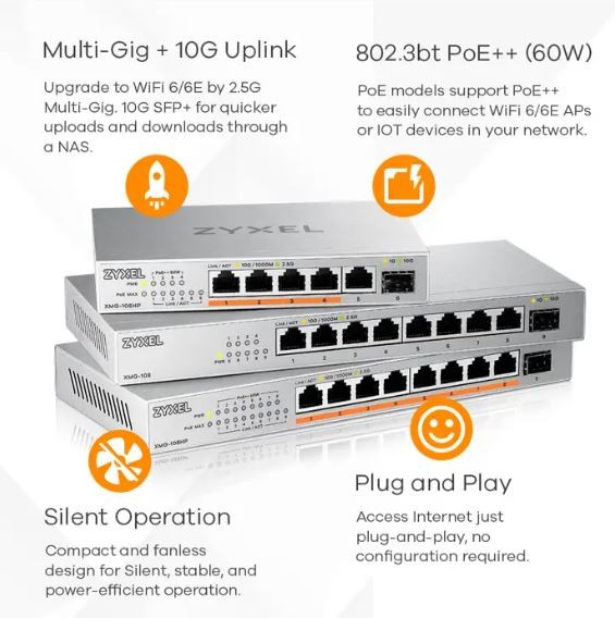 Zyxel xmg-108 nevaldomas 2.5g ethernet perjungiklis sidabrinis 8 portai, namų ir mažo biuro naudojimui