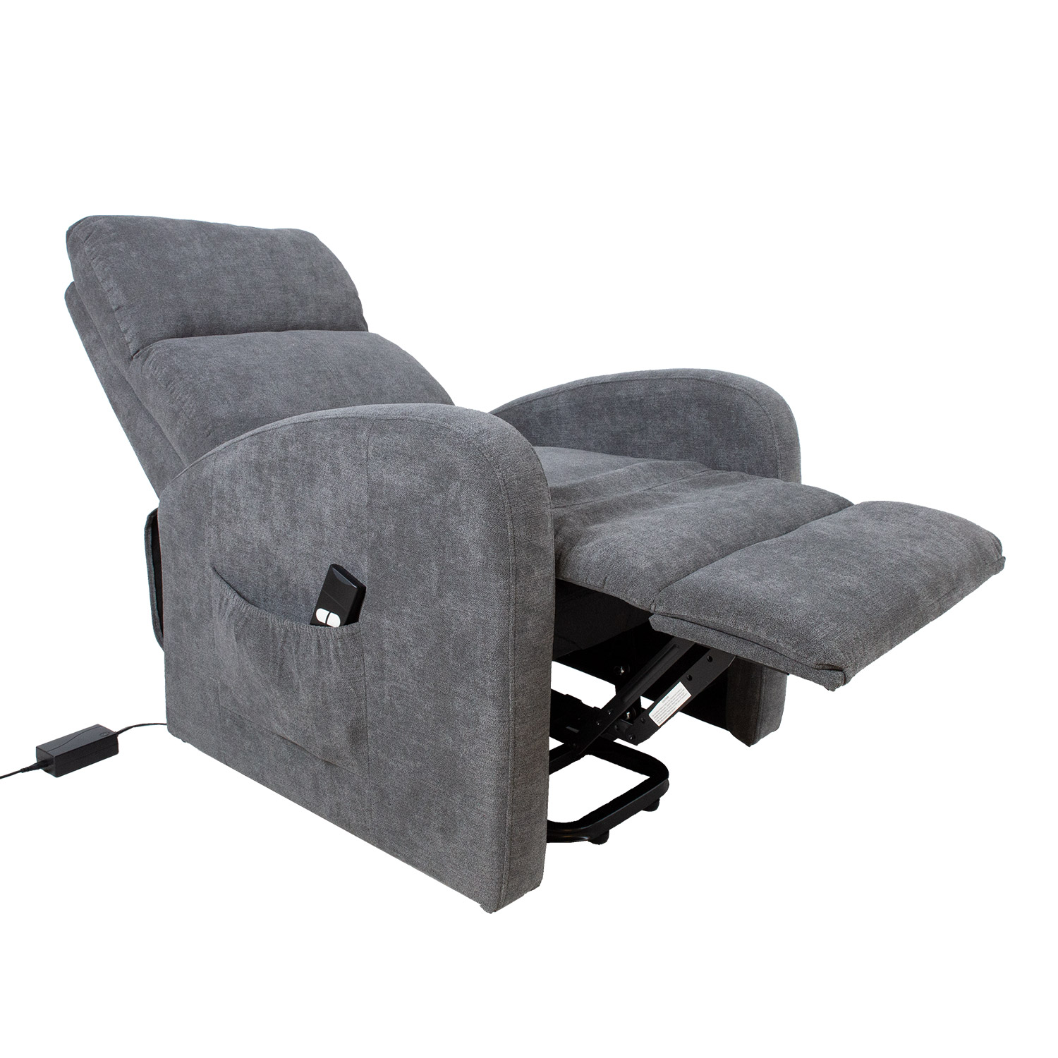 Fotelis, elektrinis atlošiamas su pakėlimo mechanizmu, pilkas, 72 × 93 × 104 cm