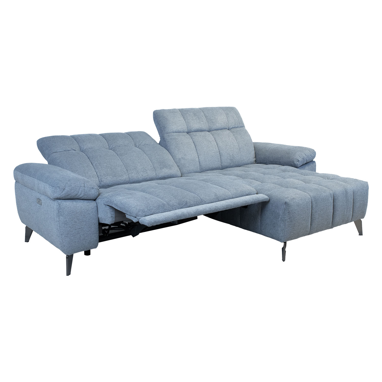 Kampinė sofa su elektriniu kojų atlošu, dešininė, melsvai pilka, 264 × 87/160 × 85/102 cm