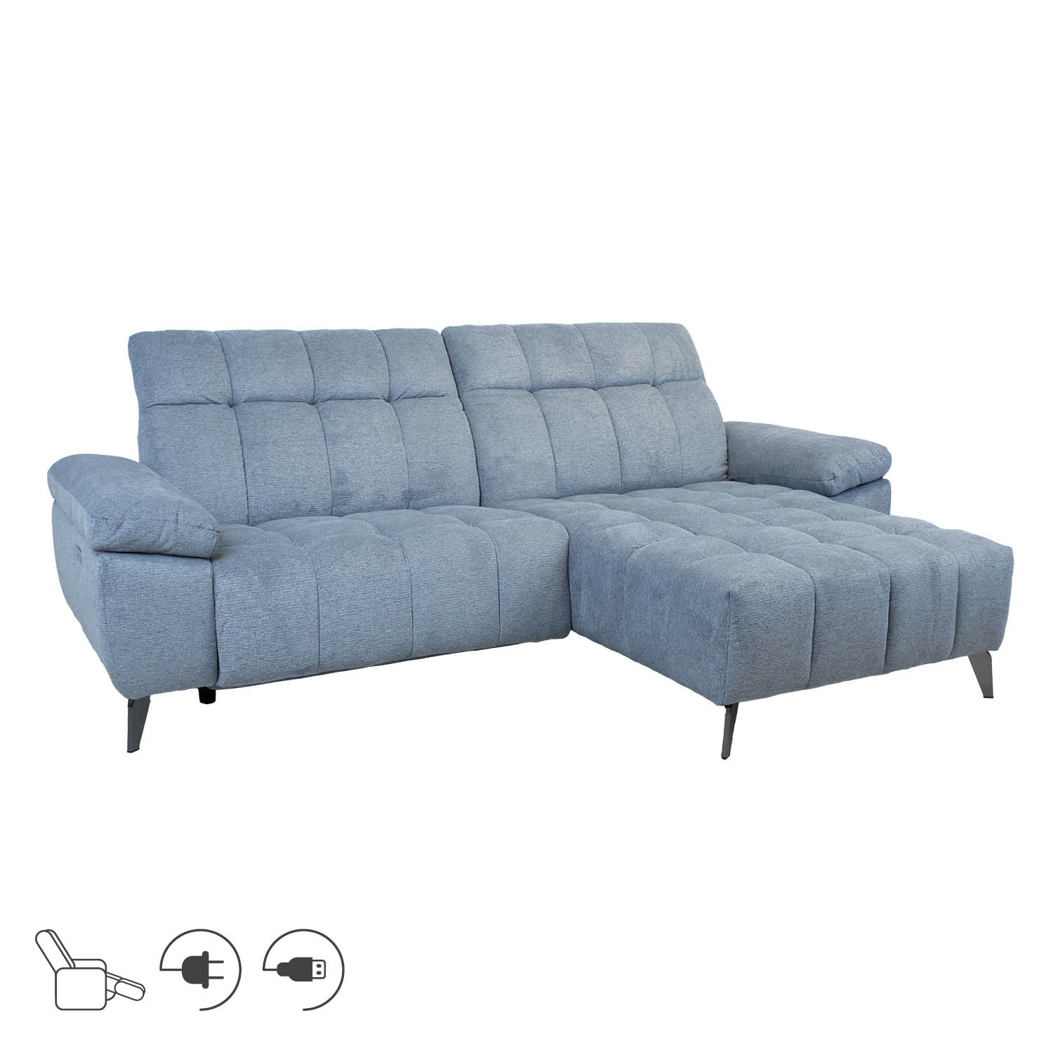 Kampinė sofa su elektriniu kojų atlošu, dešininė, melsvai pilka, 264 × 87/160 × 85/102 cm