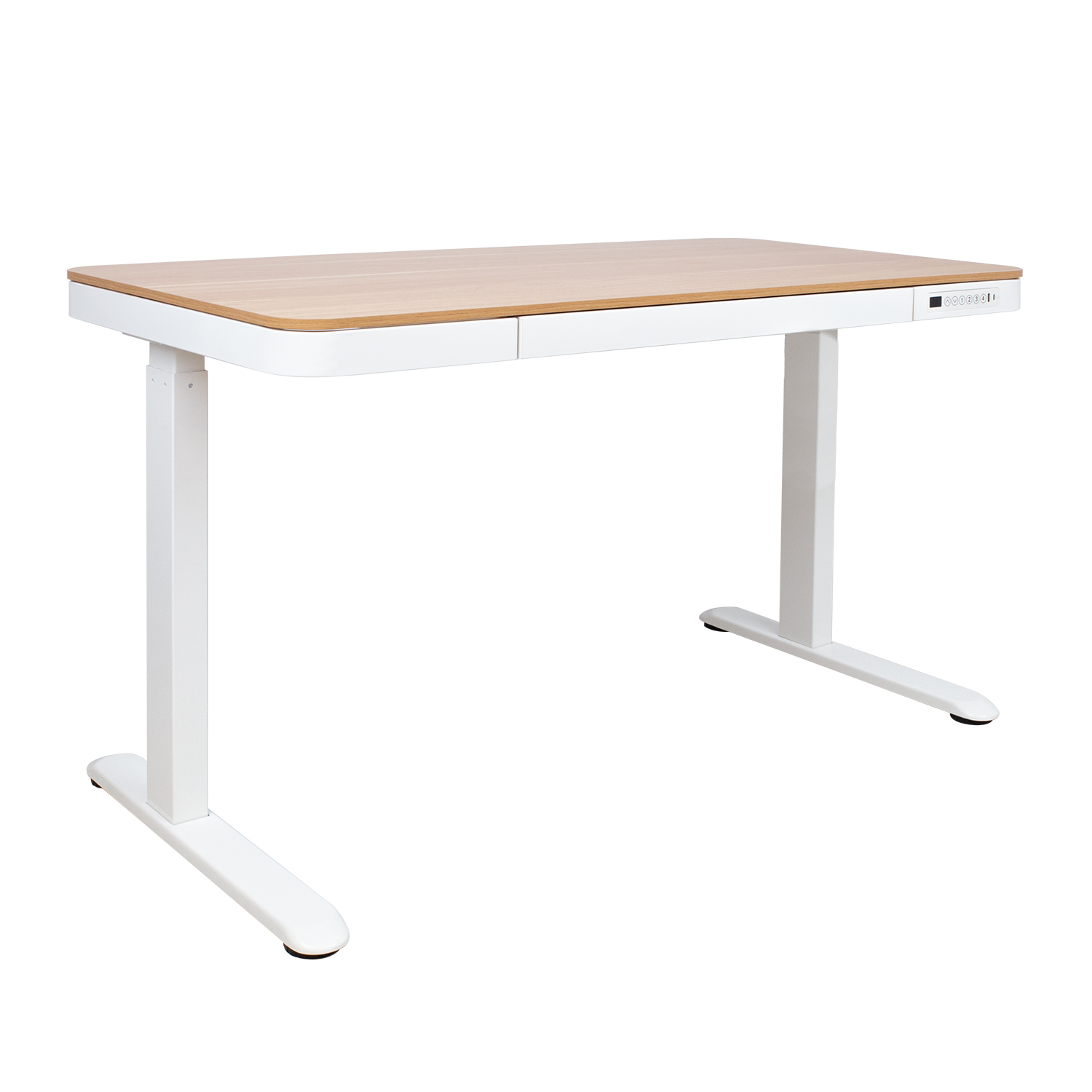 Reguliuojamo aukščio stalas su 1 varikliu ir stalčiumi, ąžuolo ir baltos spalvų, 120 × 60 × 72–121 cm