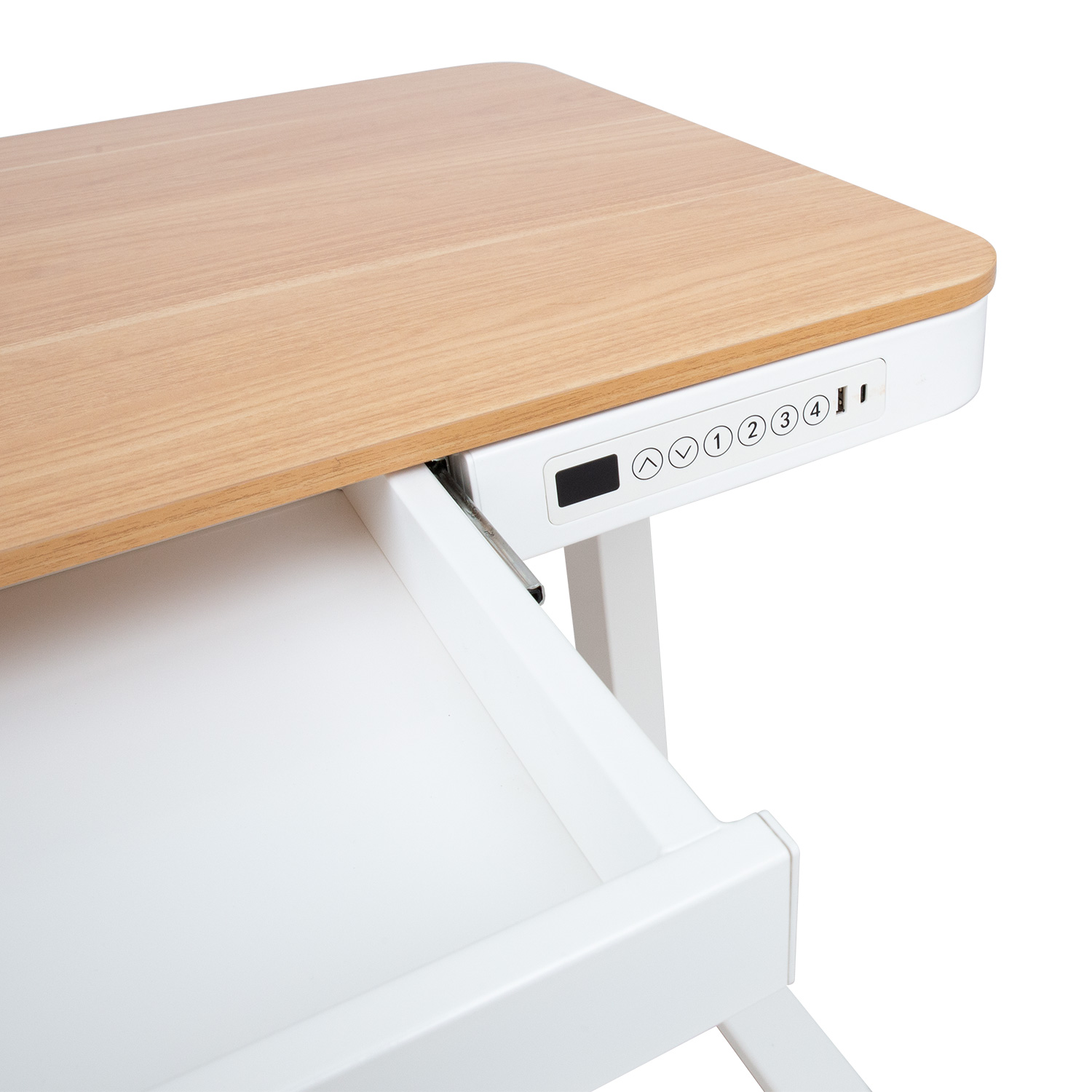 Reguliuojamo aukščio stalas su 1 varikliu ir stalčiumi, ąžuolo ir baltos spalvų, 120 × 60 × 72–121 cm 3