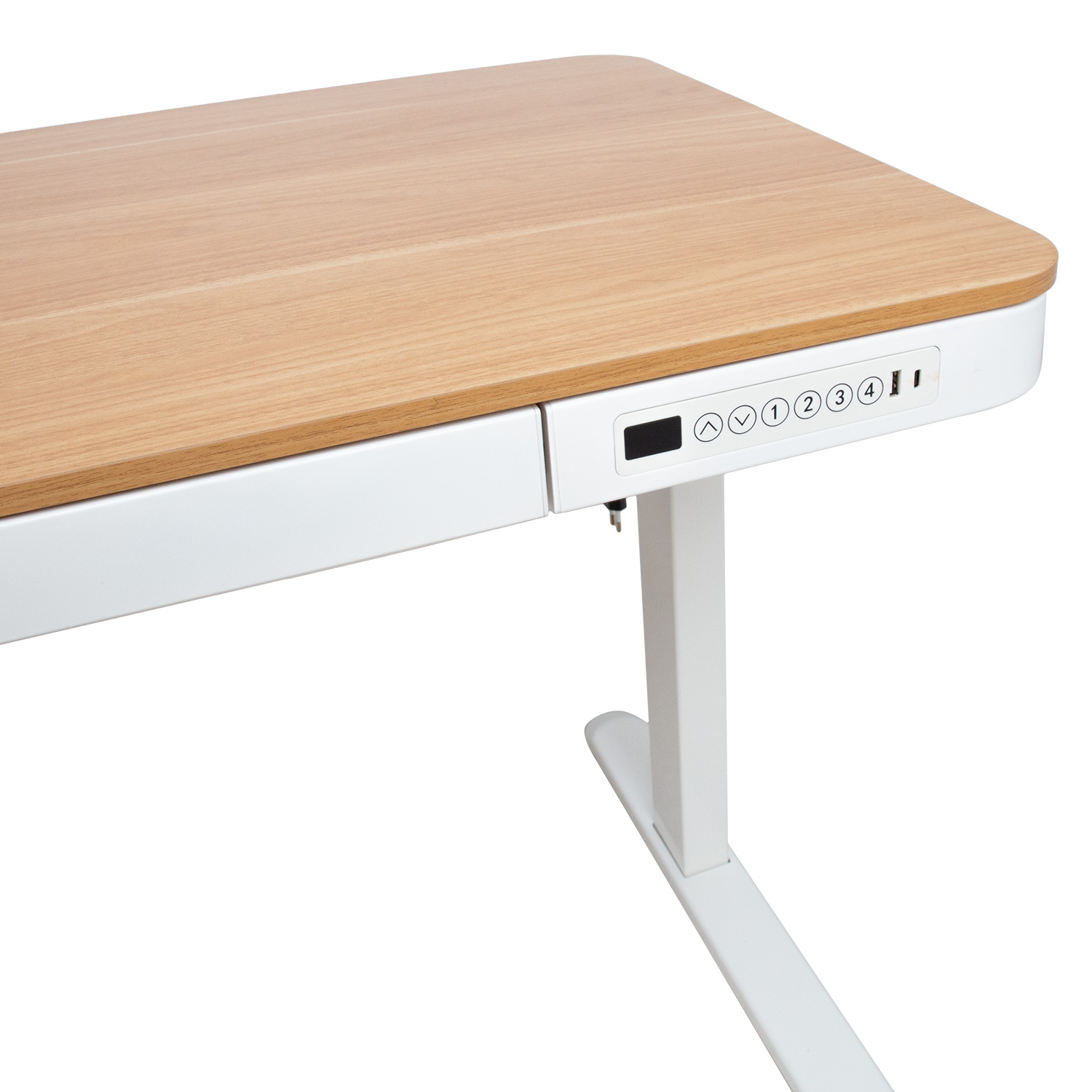 Reguliuojamo aukščio stalas su 1 varikliu ir stalčiumi, ąžuolo ir baltos spalvų, 120 × 60 × 72–121 cm 2