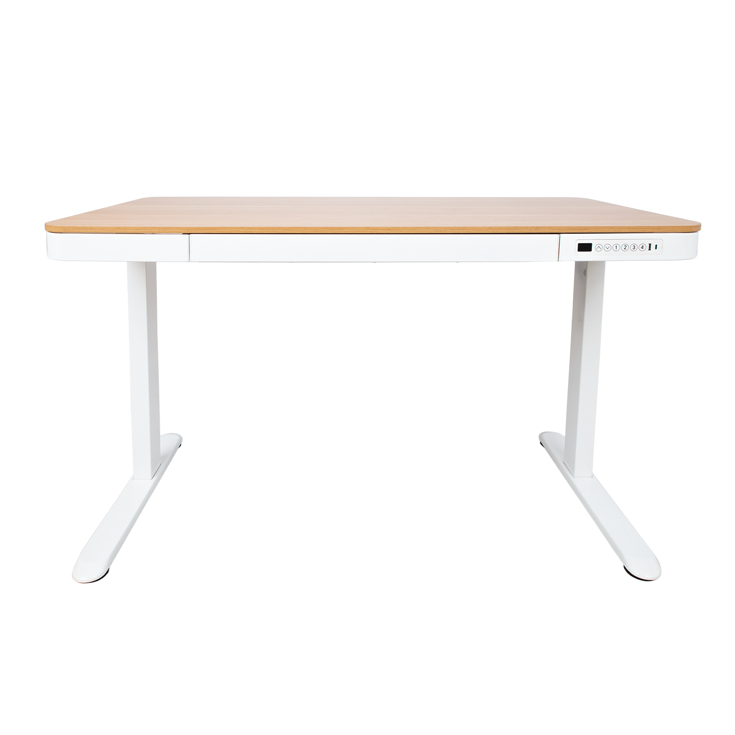 Reguliuojamo aukščio stalas su 1 varikliu ir stalčiumi, ąžuolo ir baltos spalvų, 120 × 60 × 72–121 cm