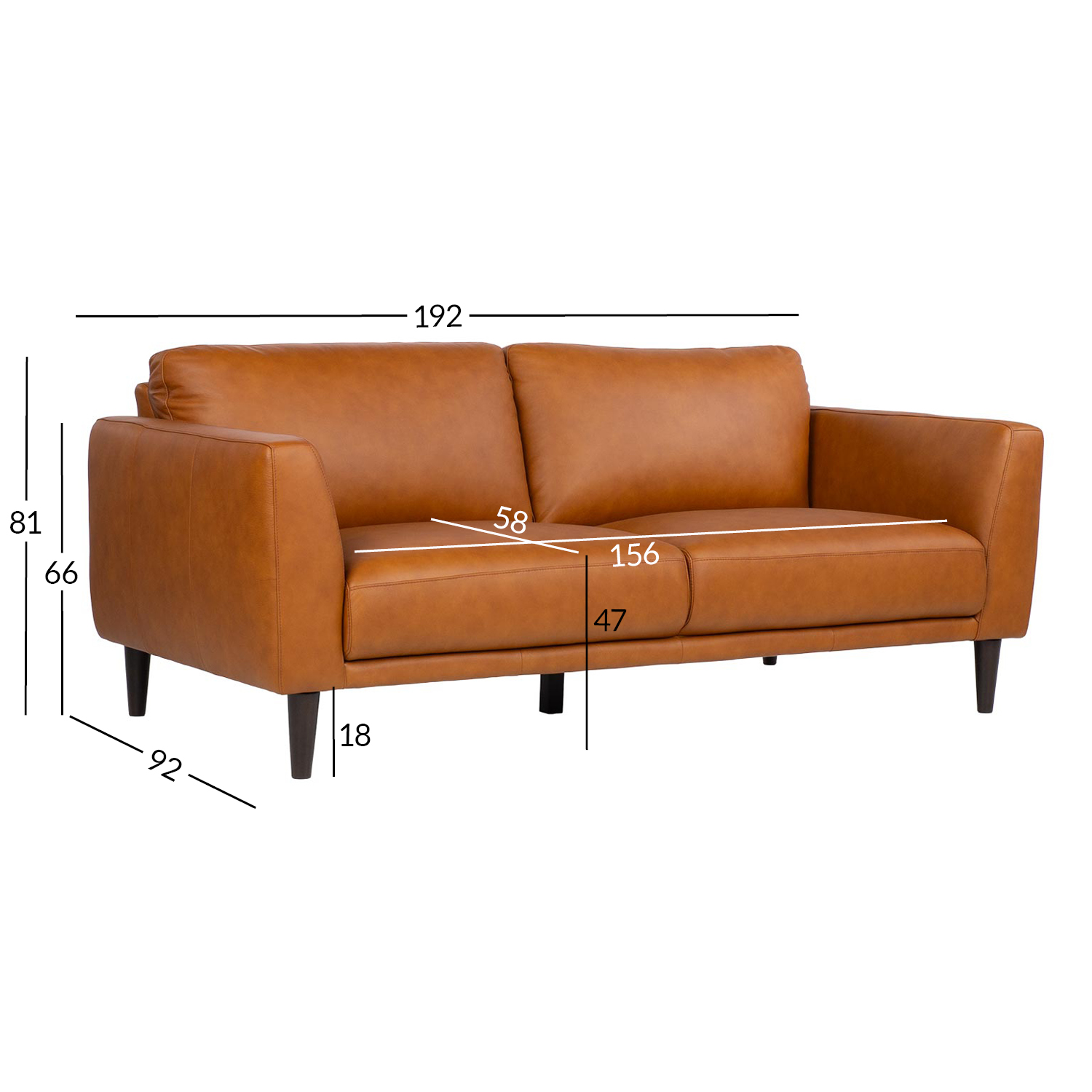 Trivietė natūralios odos sofa, konjako ruda, 192 × 92 × 81 cm