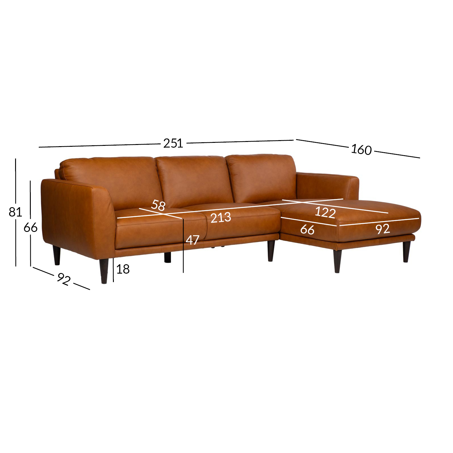 Kampinė sofa, dešininė, konjako ruda, 251 × 92/160 × 81 cm