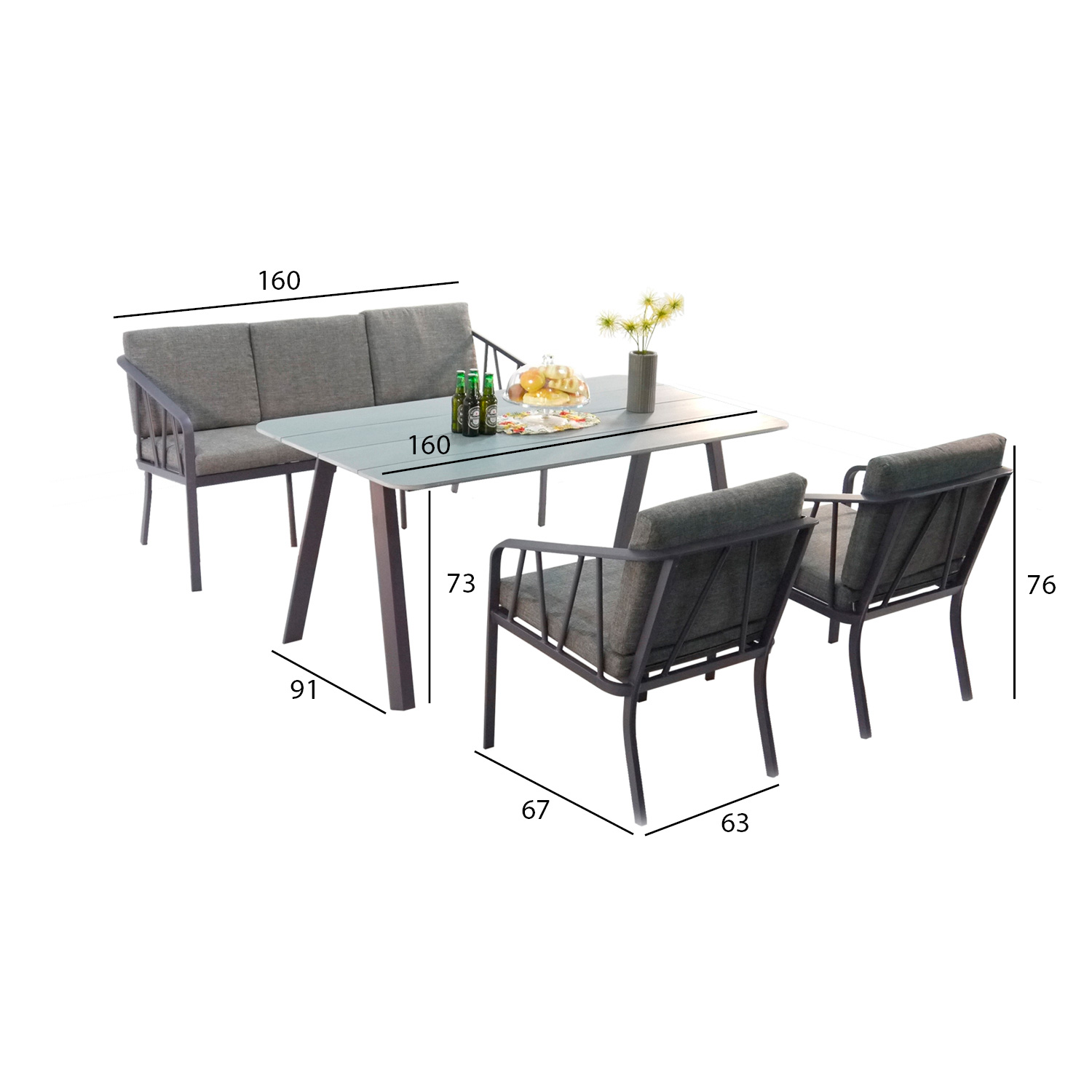 Lauko baldų komplektas su 3-viete sofa, pilkas, 4 dalių 2