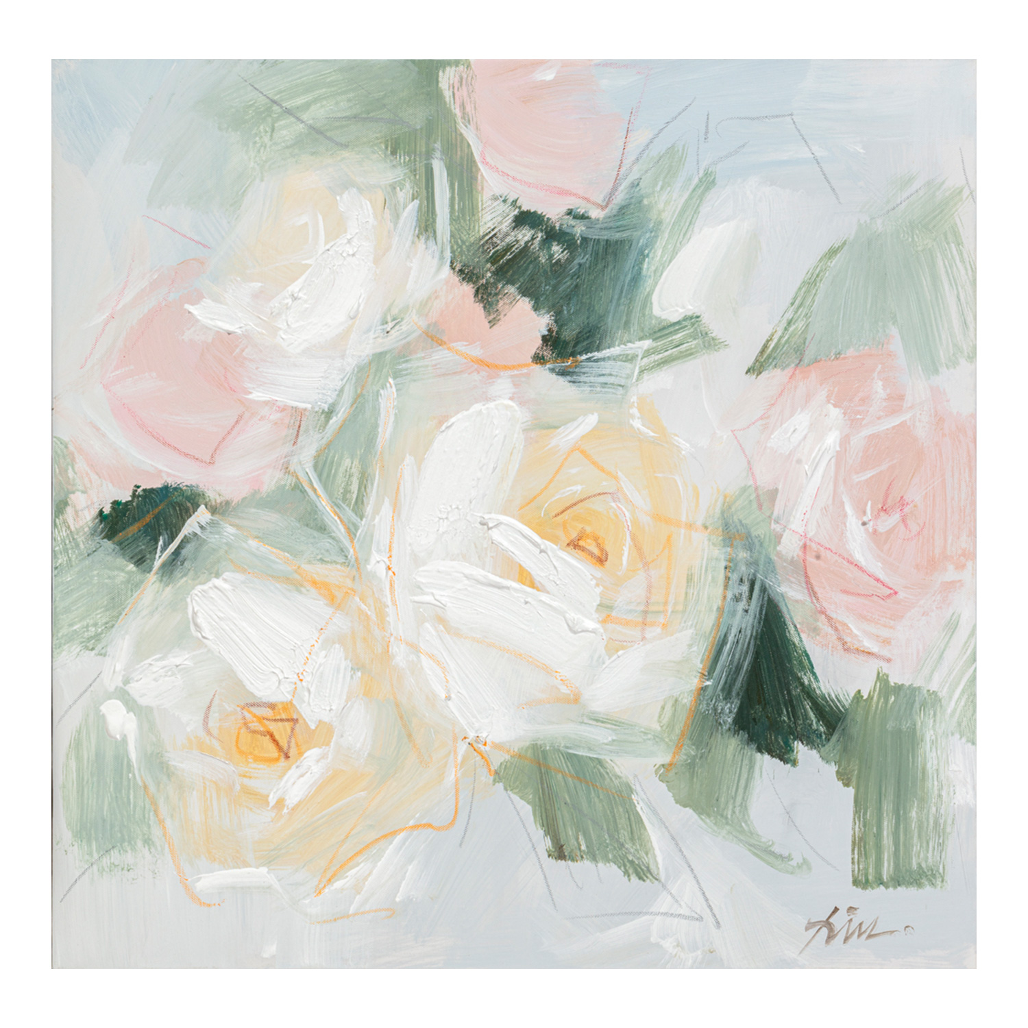 Aliejinis paveikslas pastelinių gėlių, 100 × 100 cm