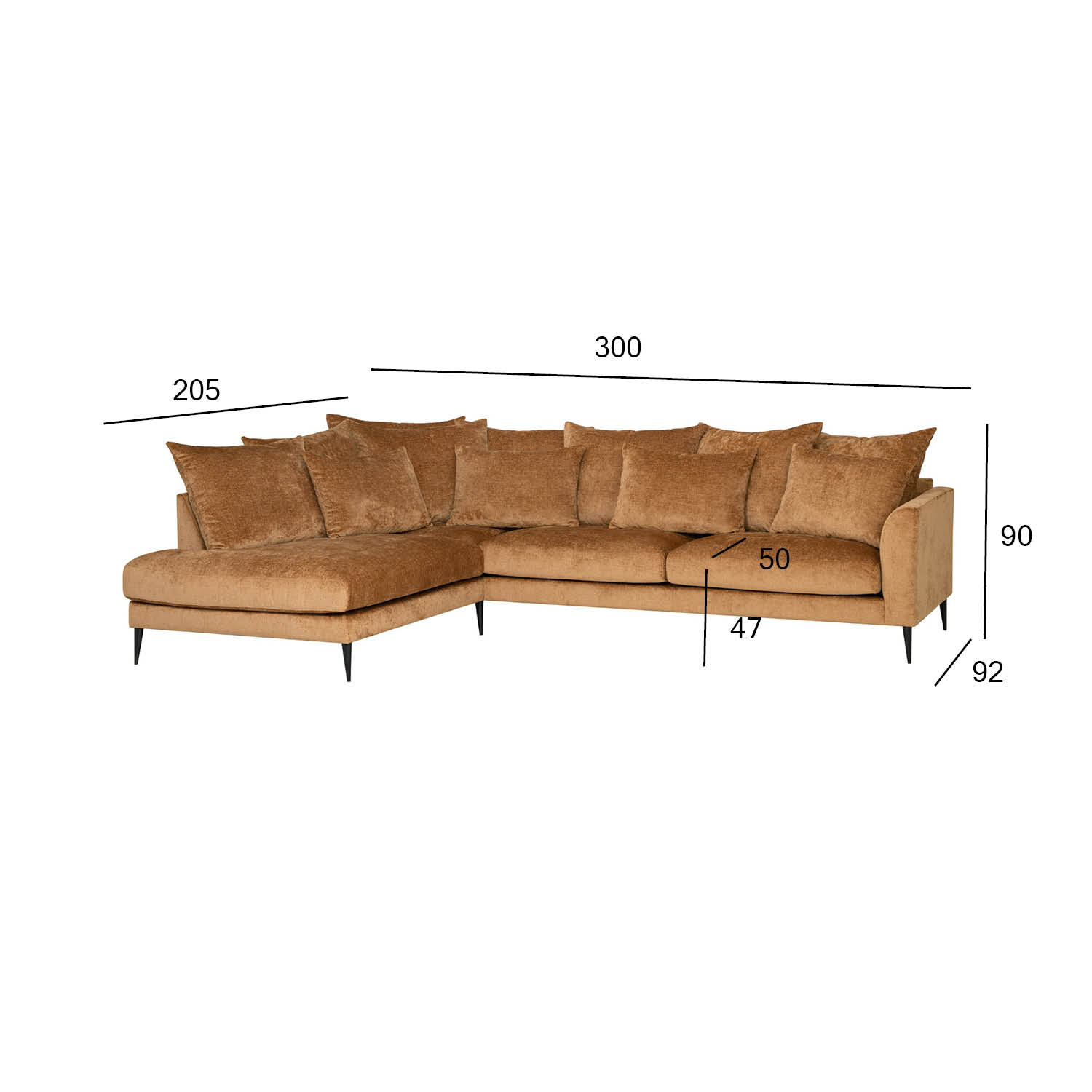 Kampinė sofa LARTES, kairinė, ruda, 300 × 205/92 × 90 cm