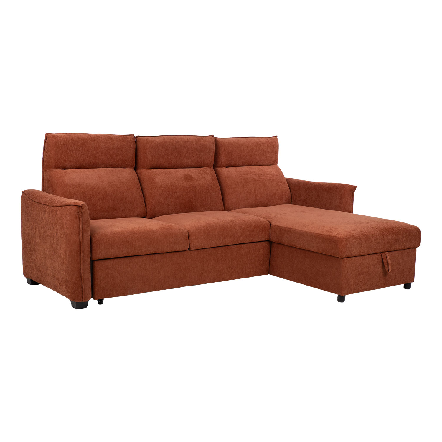 Kampinė sofa-lova su daiktadėže ir keičiamu modulių išdėstymu, rūdžių ruda, 244 × 155/88 × 102 cm