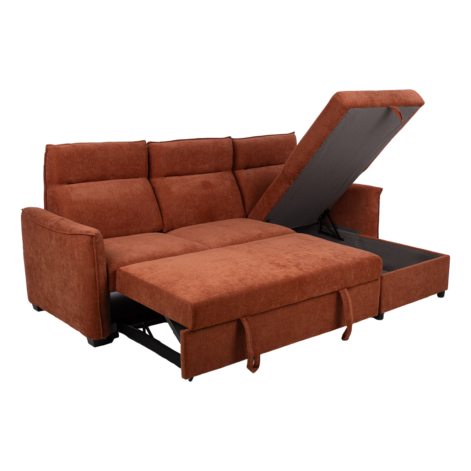 Kampinė sofa-lova su daiktadėže ir keičiamu modulių išdėstymu, rūdžių ruda, 244 × 155/88 × 102 cm 2