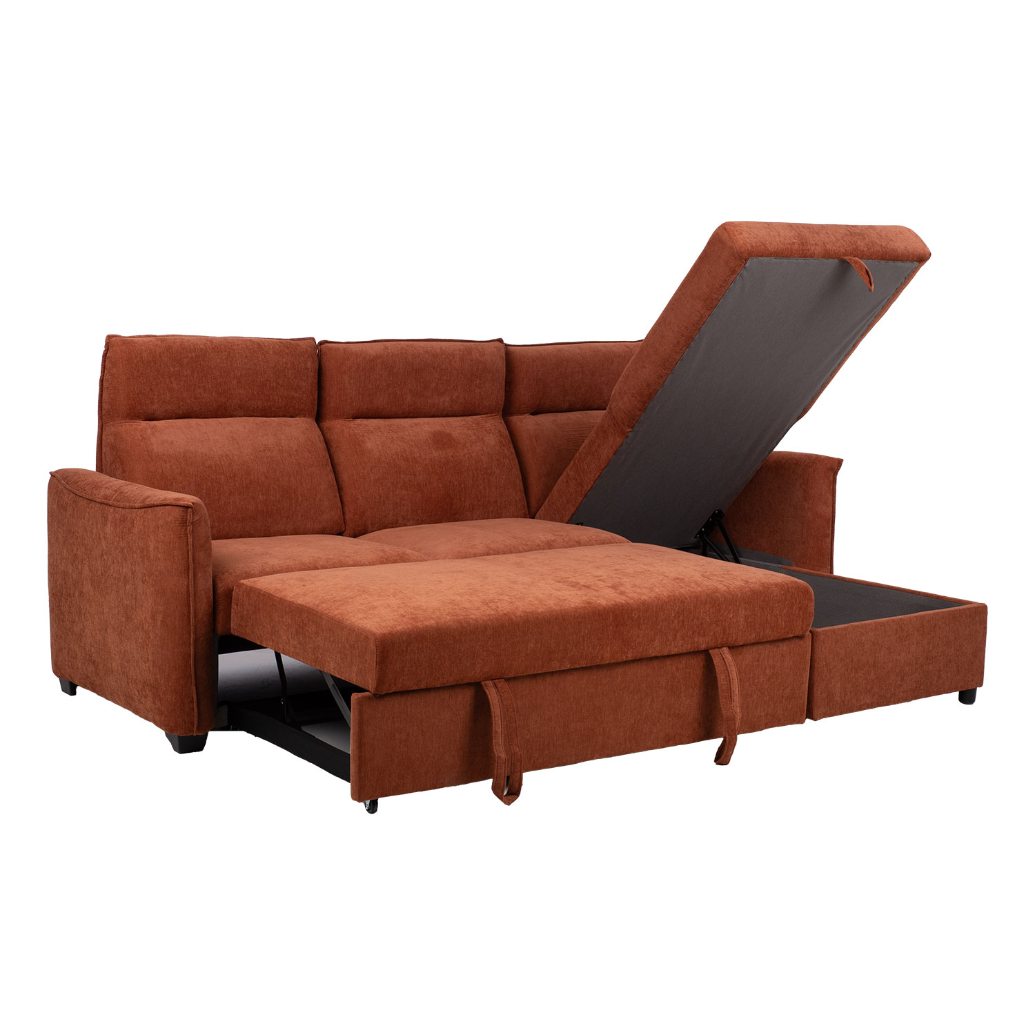 Kampinė sofa-lova su daiktadėže ir keičiamu modulių išdėstymu, rūdžių ruda, 244 × 155/88 × 102 cm
