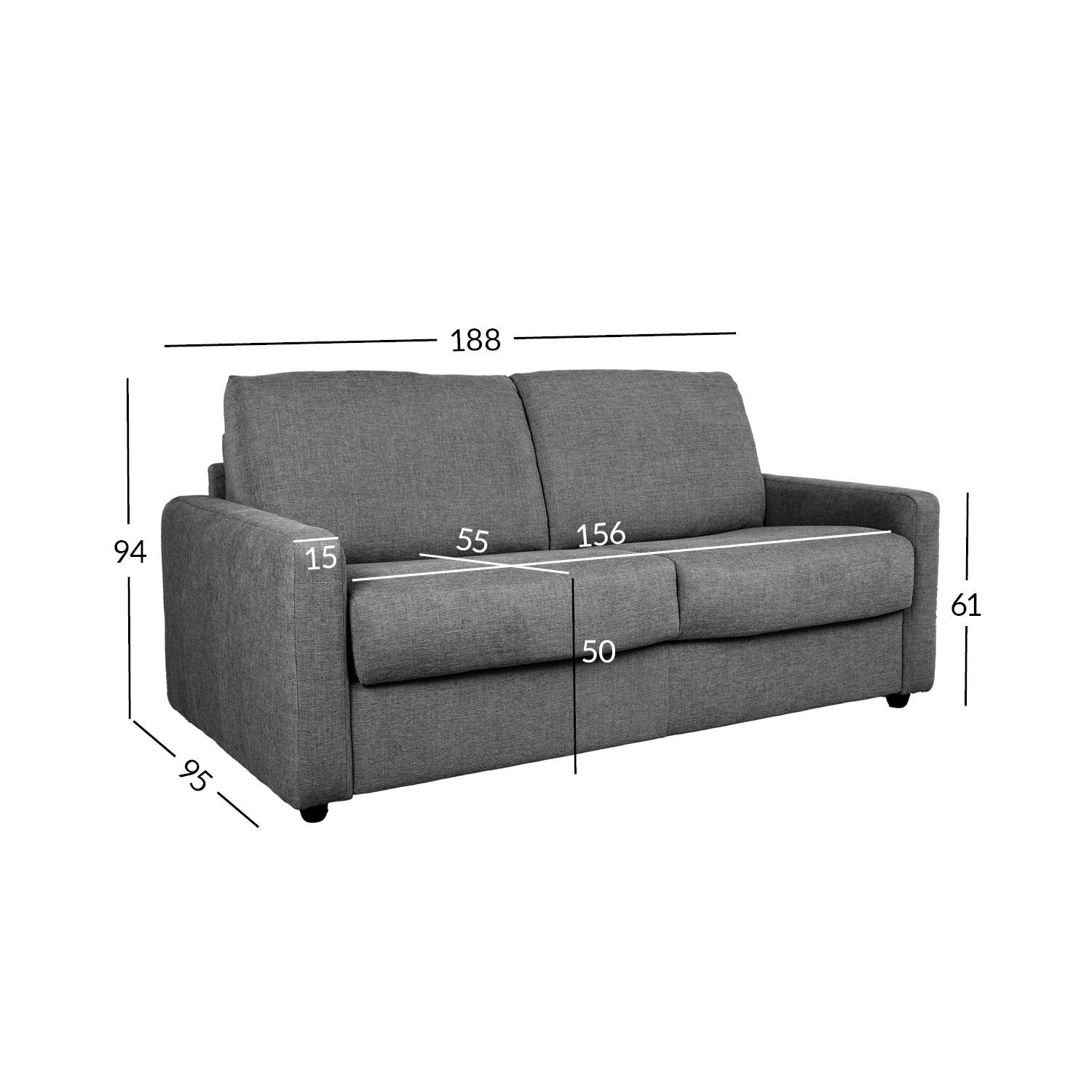 Sofa-lova PROVO, dvivietė, tamsiai pilka, 188 × 95 × 94 cm