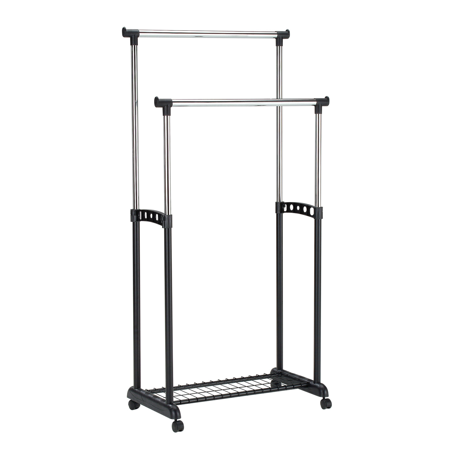 Apģērbu statīvs ar 2 pakarināšanas stieņiem, regulējama augstuma, melns/hromēts, 83 × 43 × 93,5–168 cm