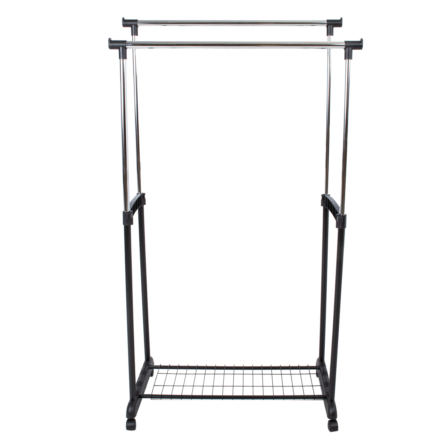 Apģērbu statīvs ar 2 pakarināšanas stieņiem, regulējama augstuma, melns/hromēts, 83 × 43 × 93,5–168 cm