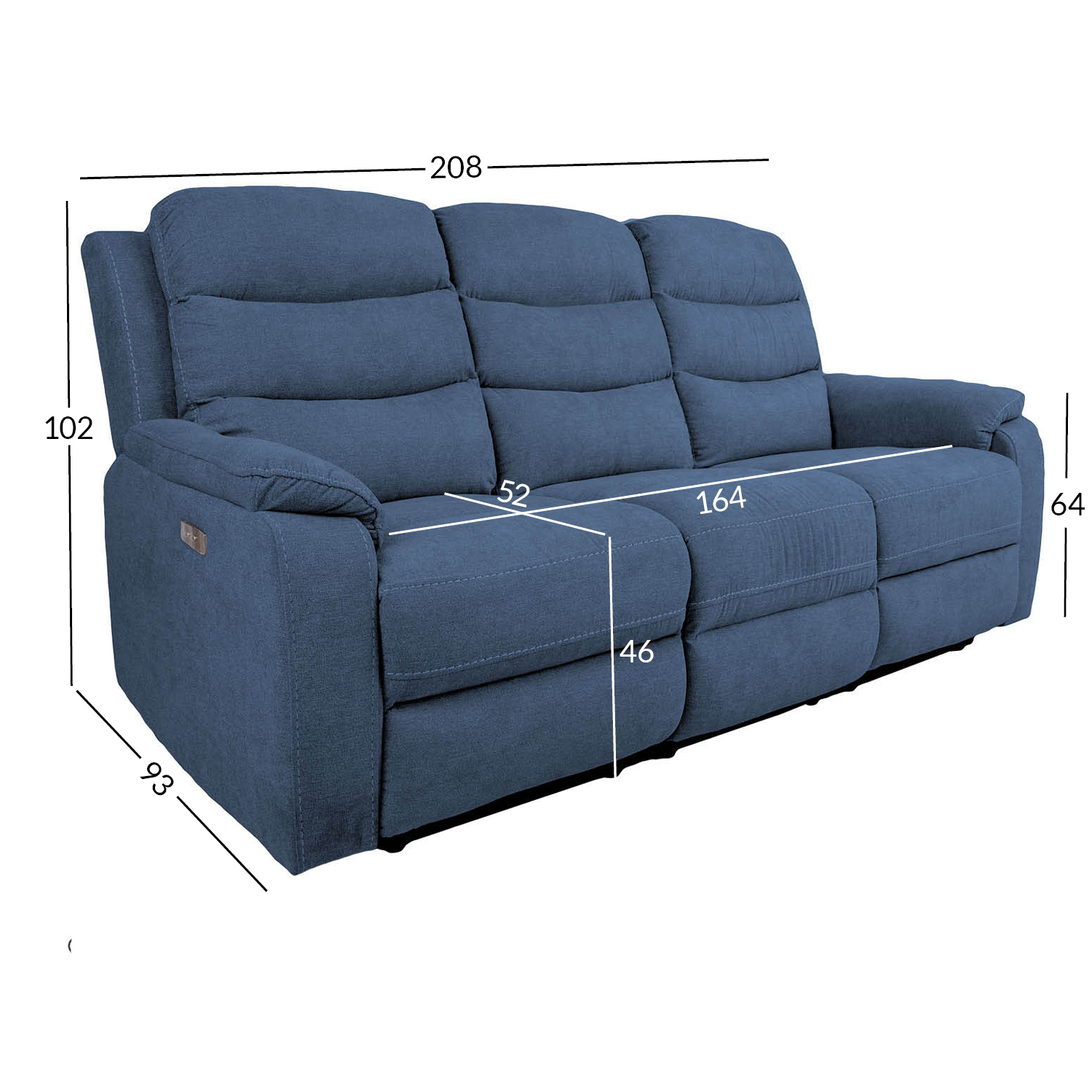 Sofa MIMI, 3 vietų, elektra reguliuojama, mėlyna, 208 × 93 × 102 cm 3
