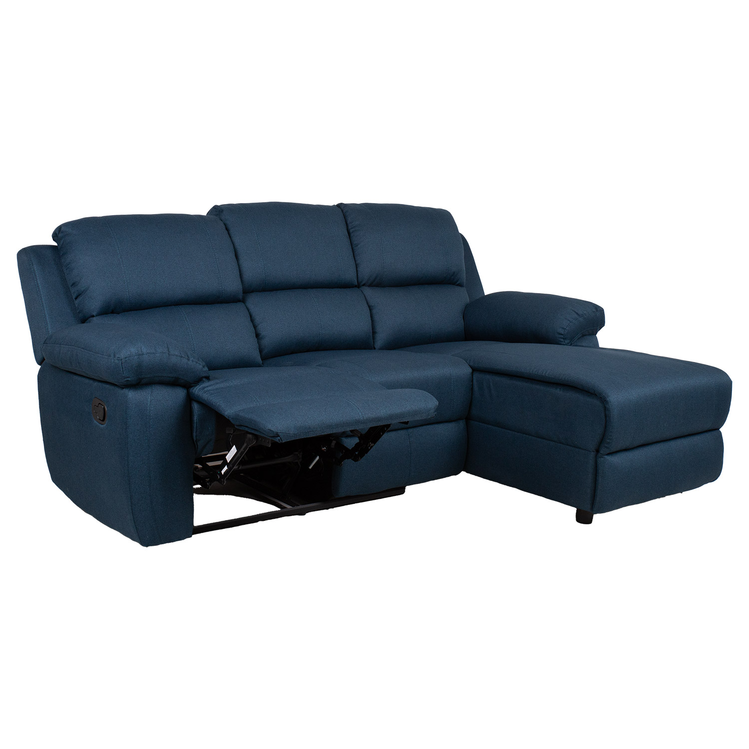 Kampinė sofa su rankiniu atlošiamu mechanizmu, tamsiai mėlyna, 214 × 95/160 × 98 cm