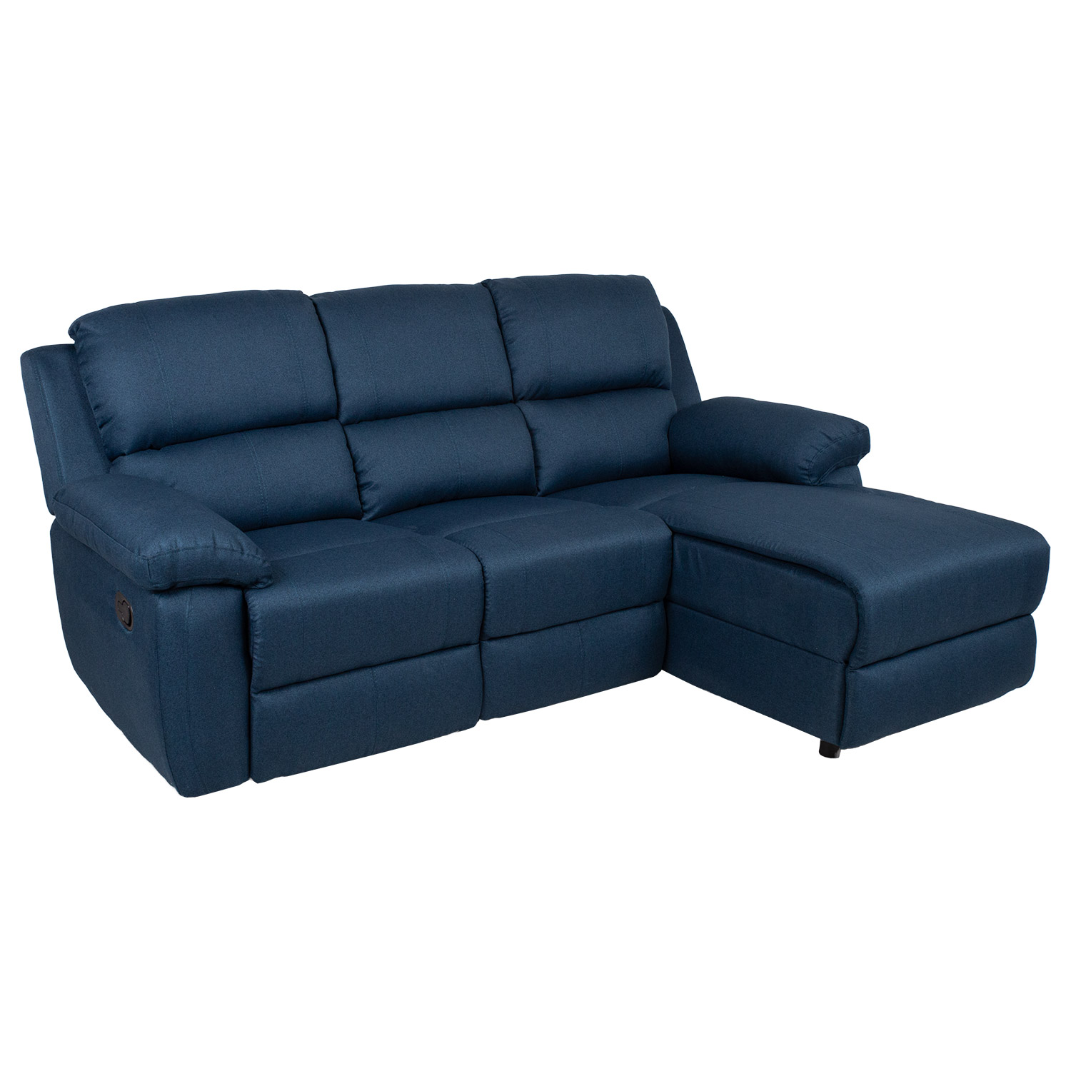 Kampinė sofa su rankiniu atlošiamu mechanizmu, tamsiai mėlyna, 214 × 95/160 × 98 cm