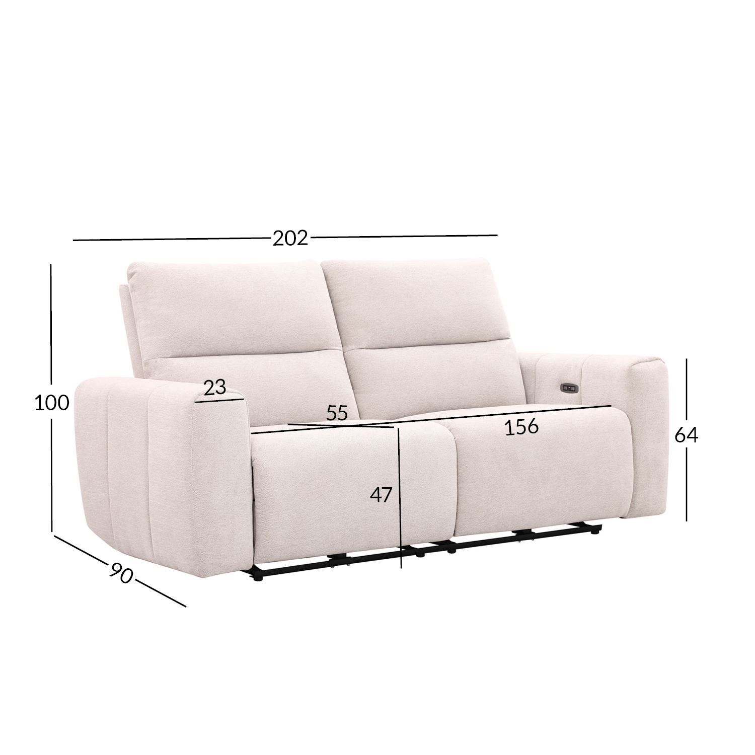 Sofa, 3 vietų elektrinė atlošiama, šviesiai smėlinė, 202 × 90 × 100 cm