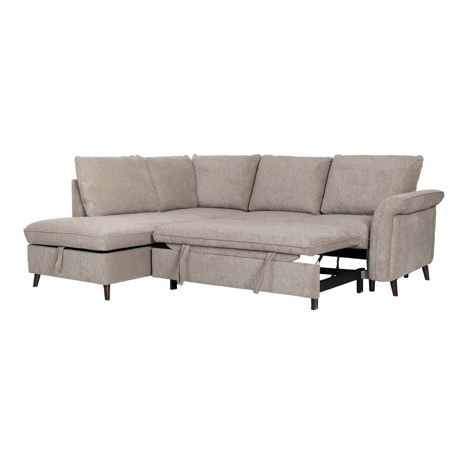 Kampinė sofa-lova su daiktadėže, kairinė, šviesiai ruda, 242 × 197/93 × 94 cm 2