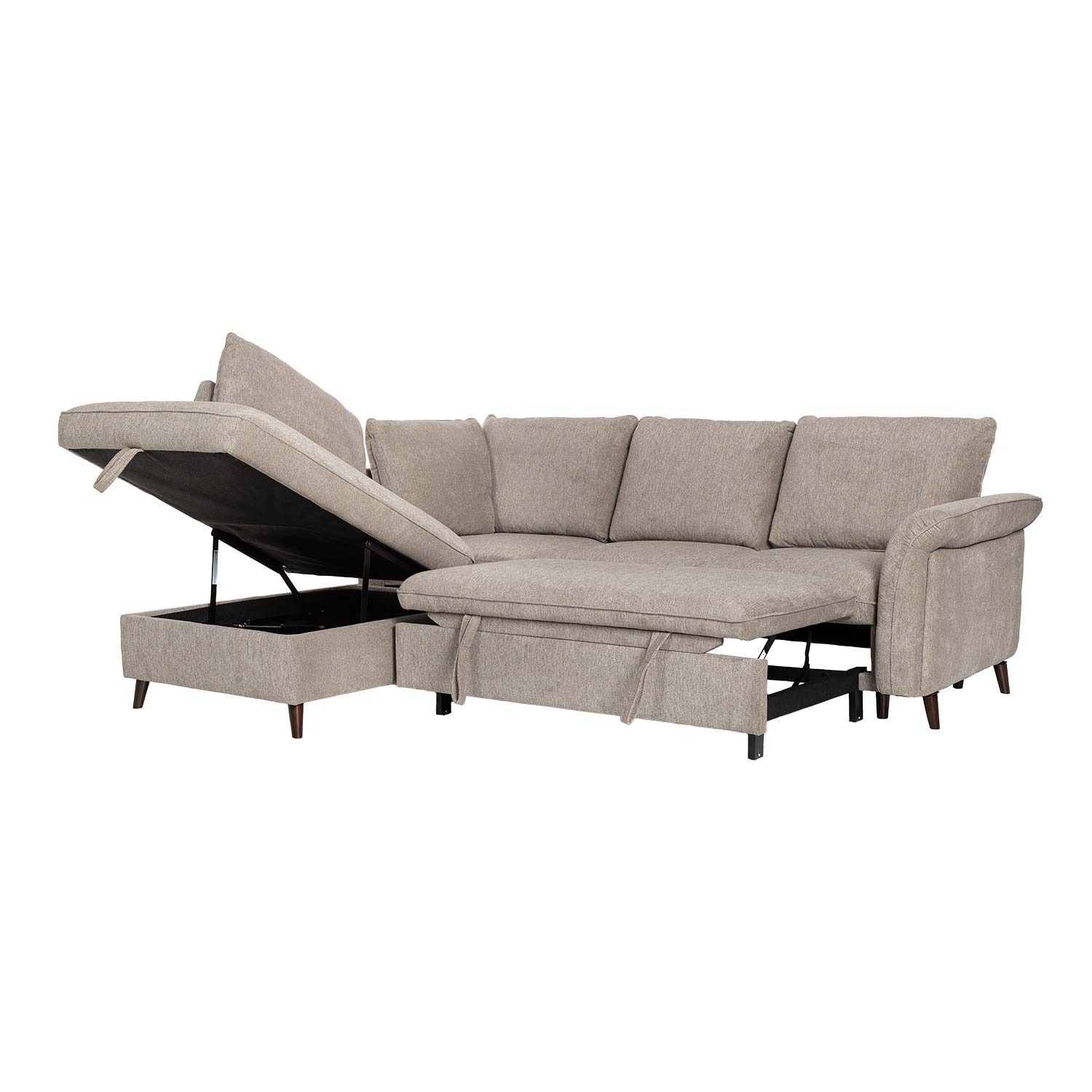 Kampinė sofa-lova su daiktadėže, kairinė, šviesiai ruda, 242 × 197/93 × 94 cm