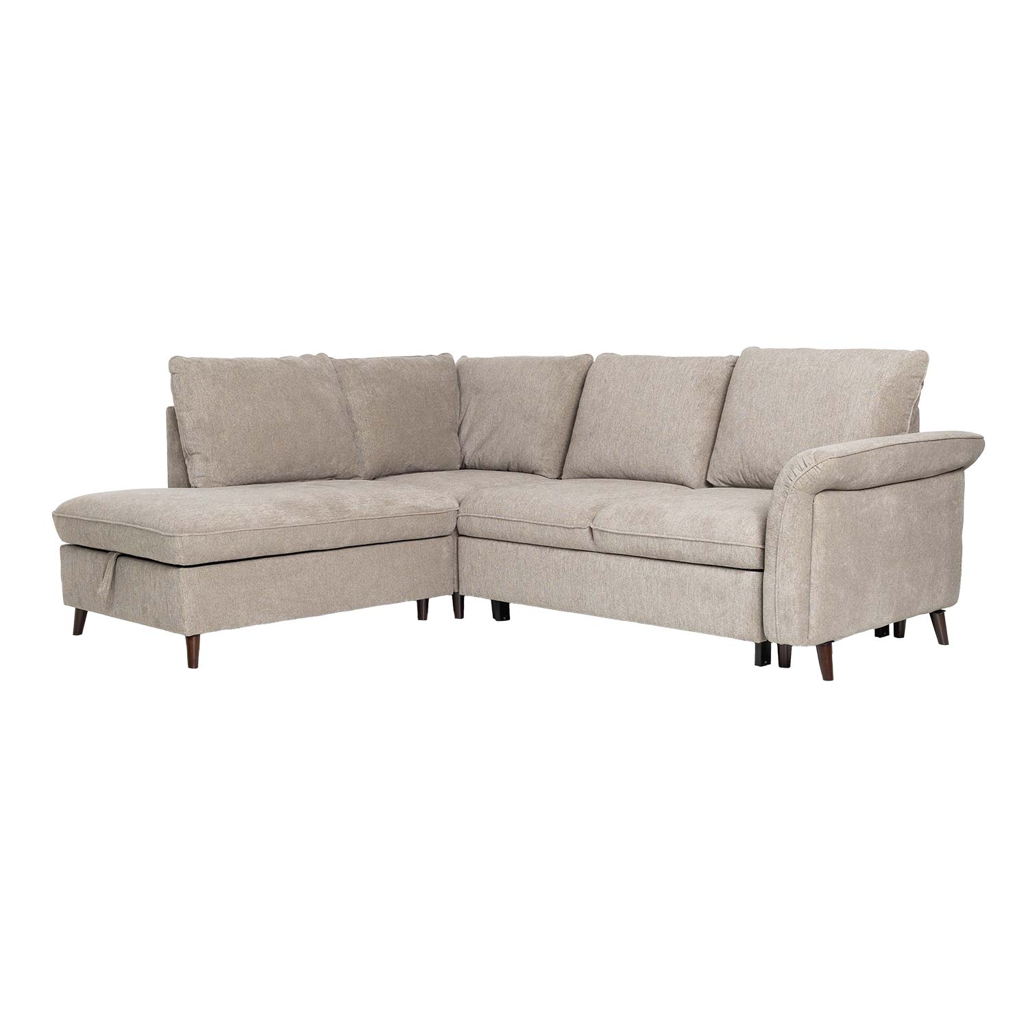 Kampinė sofa-lova su daiktadėže, kairinė, šviesiai ruda, 242 × 197/93 × 94 cm