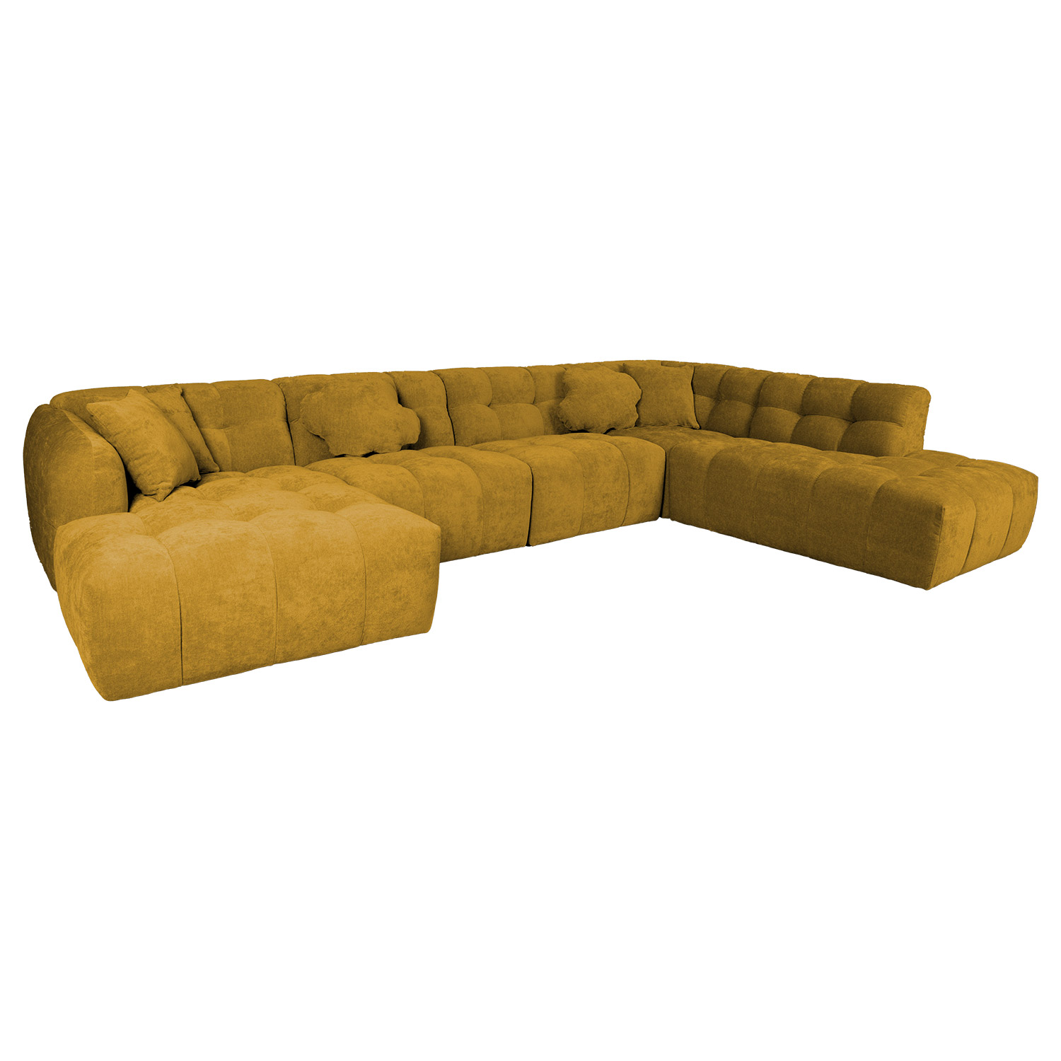 Kampinė sofa, U formos, su ilgesniu dešiniuoju kampu, rusvai geltona, 374 × 162/242 × 76 cm