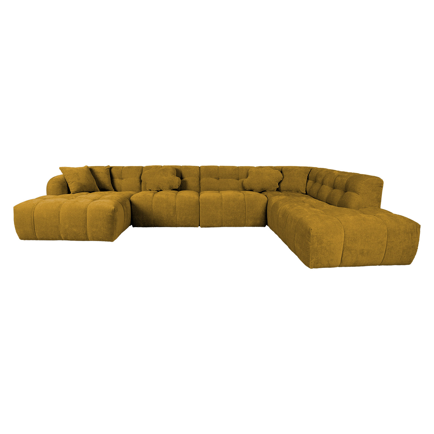 Kampinė sofa, U formos, su ilgesniu dešiniuoju kampu, rusvai geltona, 374 × 162/242 × 76 cm