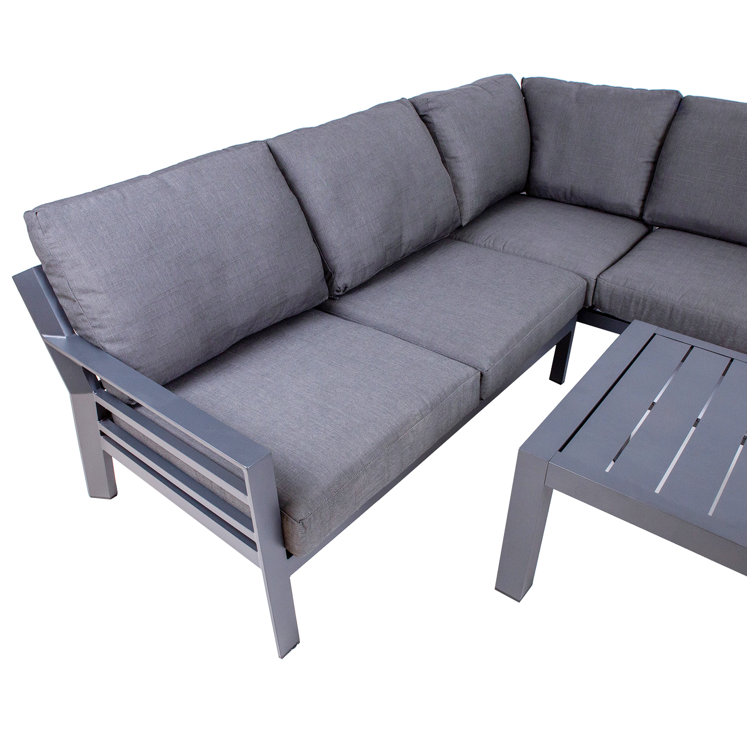 Lauko baldų komplektas su stalu ir kampine sofa, tamsiai pilkas
