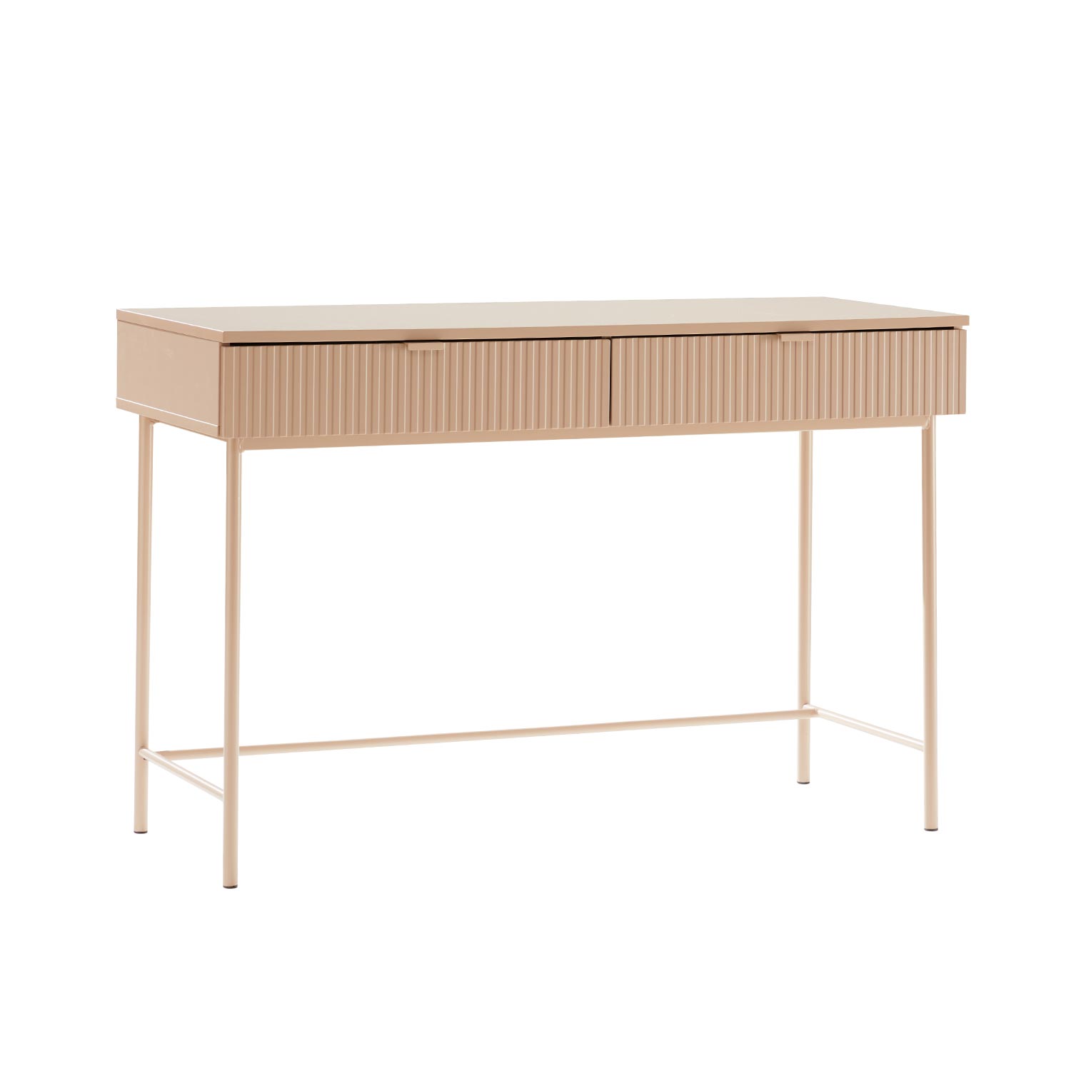 Konsolinis stalas su MDF rievėtais stalčių fasadais ir metaliniu rėmu, kapučino, 120 × 50 × 79 cm