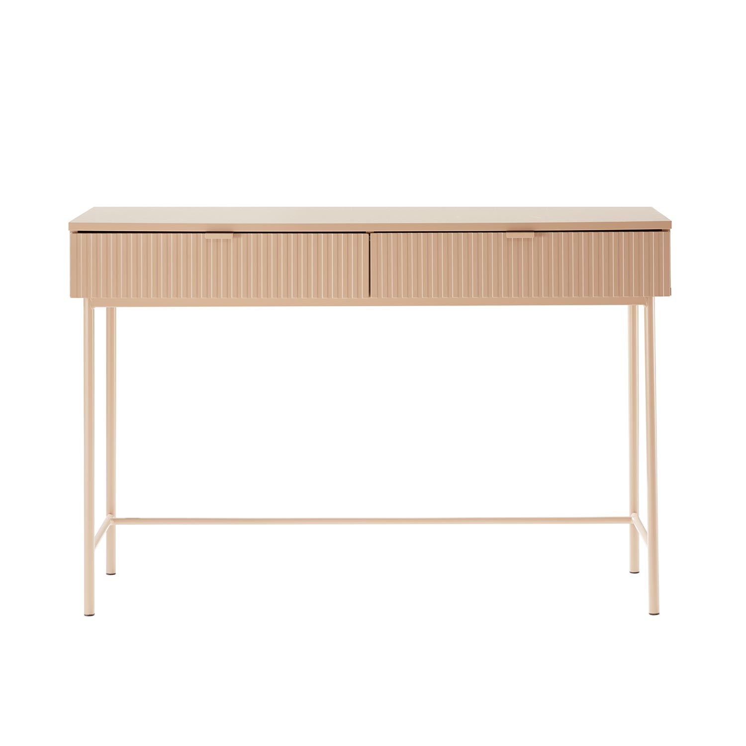 Konsolinis stalas su MDF rievėtais stalčių fasadais ir metaliniu rėmu, kapučino, 120 × 50 × 79 cm