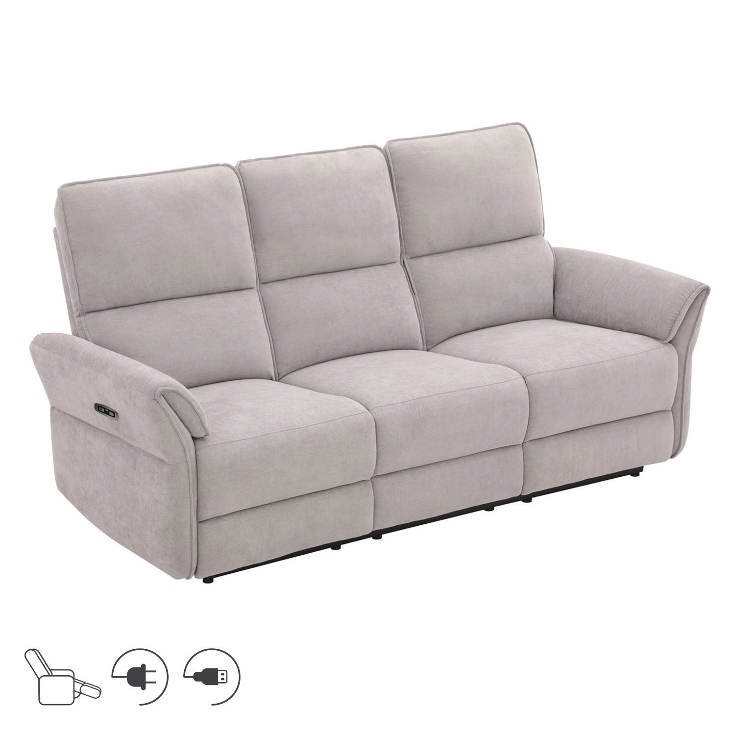 Sofa DAMIKA, trivietė elektrinė atlošiama, pilka, 200 x 92 x 103 cm