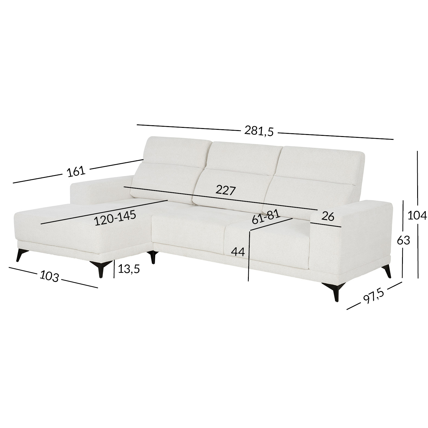 Kampinė sofa DARLA, šviesiai smėlinė, 281,5 × 161/97,5 × 104 cm