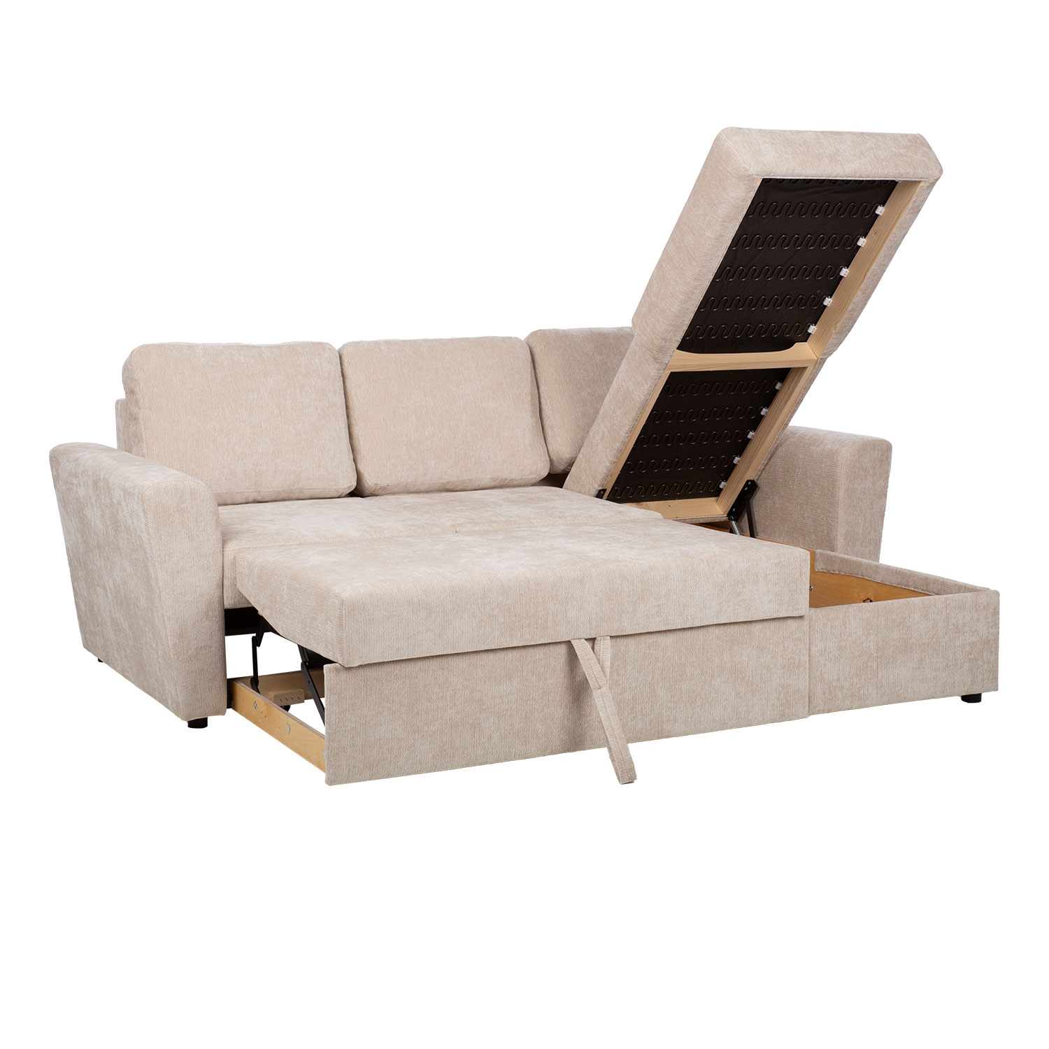 Kampinė sofa-lova INGA, smėlio spalvos, 217 × 92/160 × 88 cm