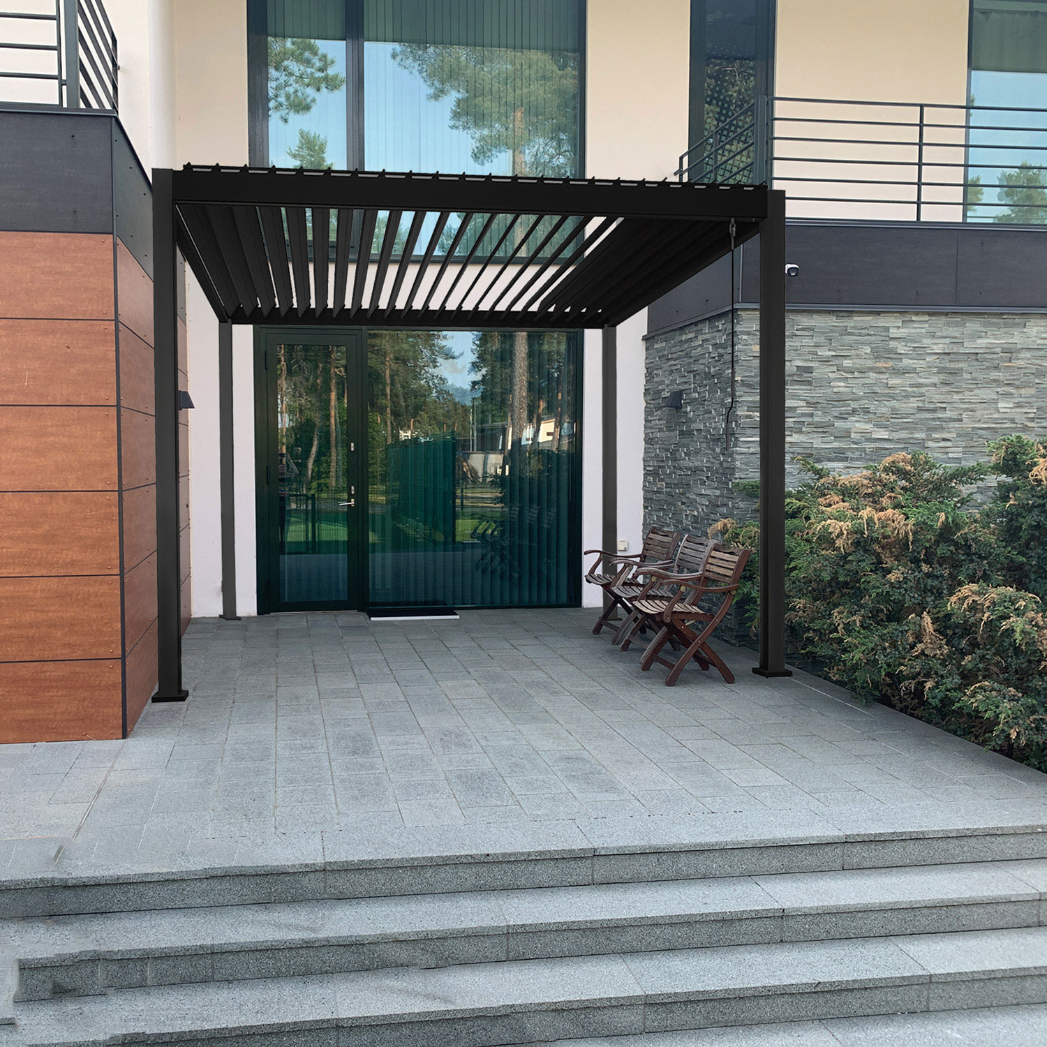 Sodo pavėsinė MIRADOR-111 su reguliuojamu lameliniu stogu, tamsiai pilka, 301,3 × 392,7 × 250,8 cm 3