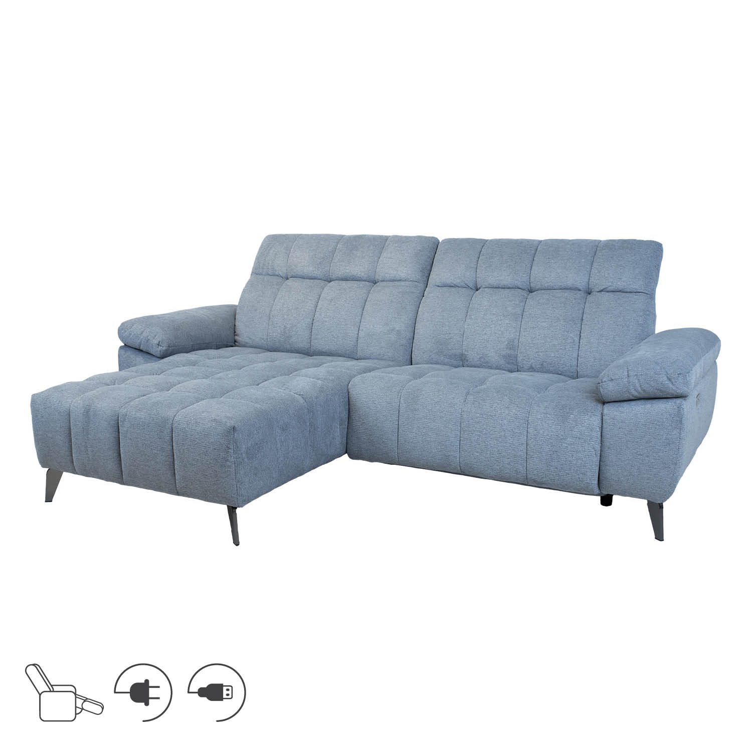 Kampinė sofa su elektriniu kojų atramos mechanizmu, kairinė, melsvai pilka, 264 × 160/87 × 85/102 cm