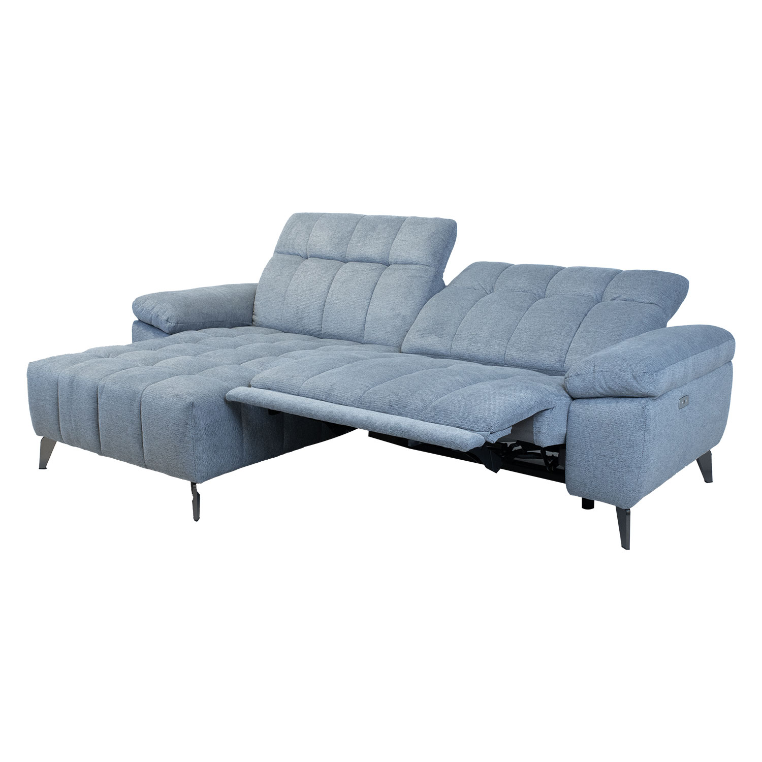 Kampinė sofa su elektriniu kojų atramos mechanizmu, kairinė, melsvai pilka, 264 × 160/87 × 85/102 cm