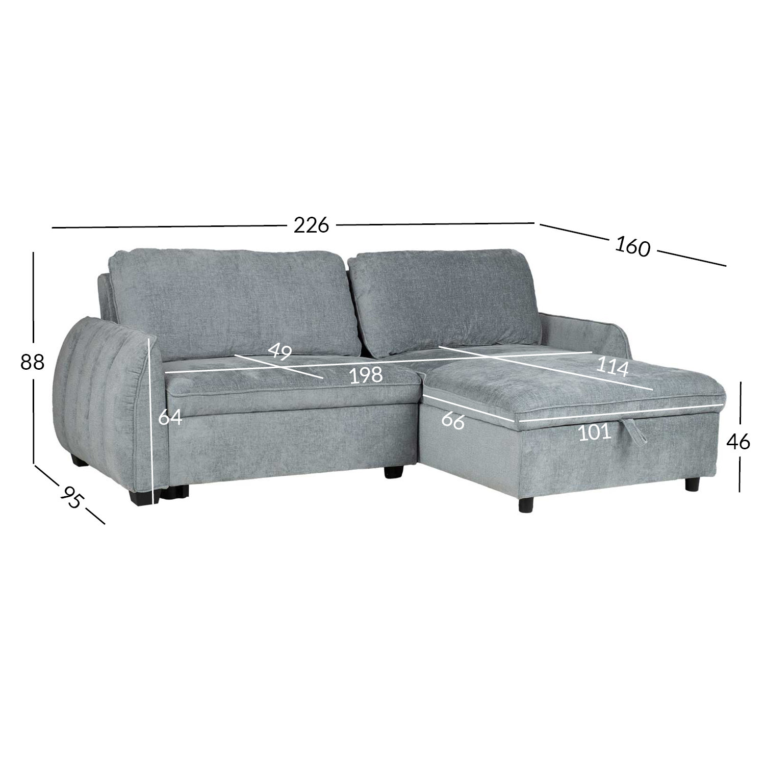 Kampinė sofa-lova, melsvai žalia, 226 × 95/160 × 88 cm