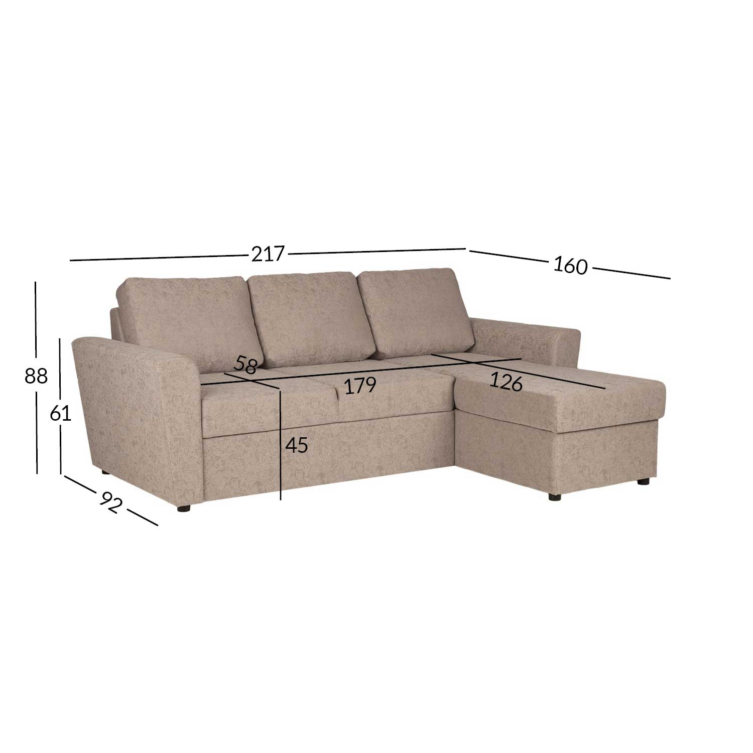 Kampinė sofa-lova INGA su daiktadėže ir keičiama kampo puse, smėlinė, 217 × 92/160 × 88 cm