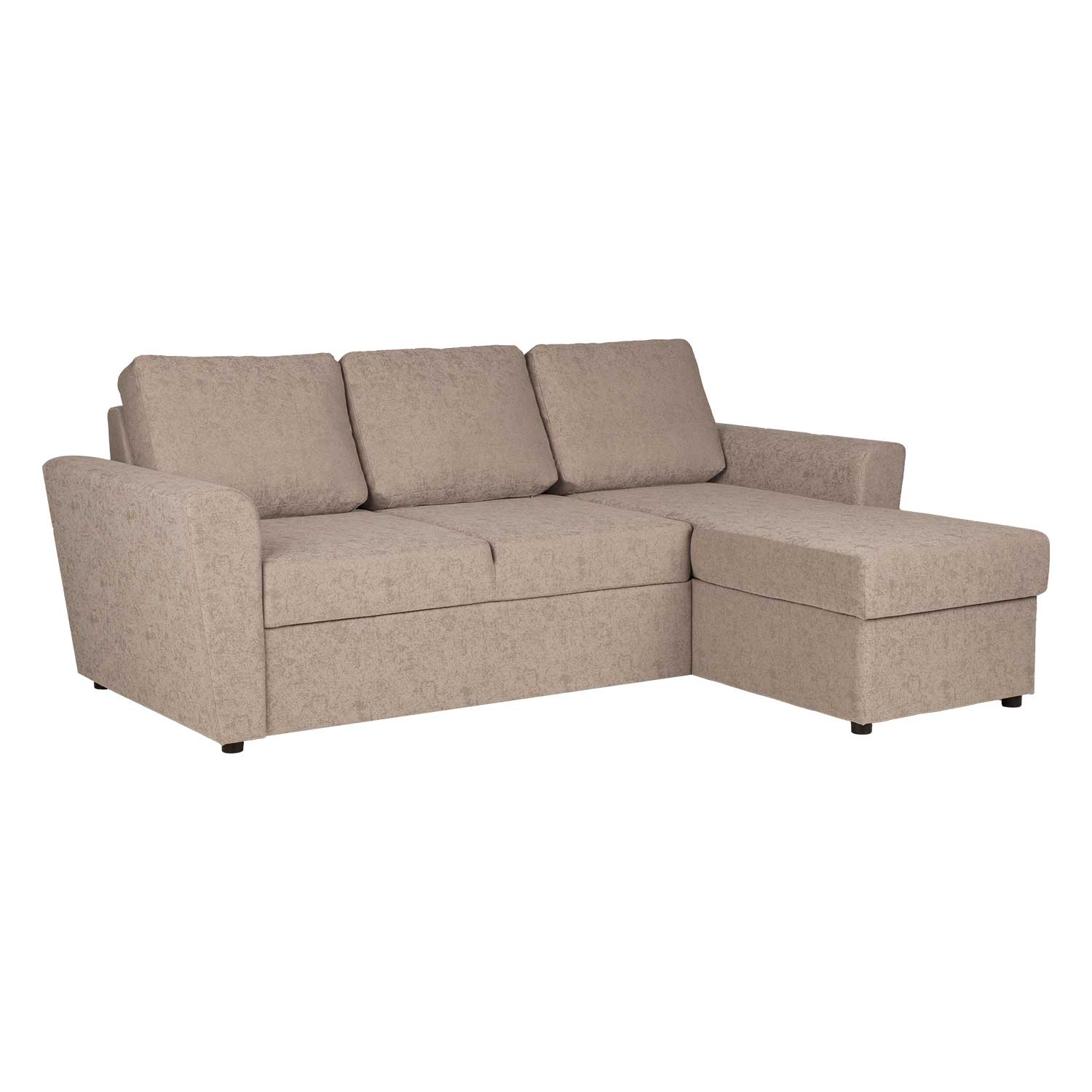 Kampinė sofa-lova INGA su daiktadėže ir keičiama kampo puse, smėlinė, 217 × 92/160 × 88 cm